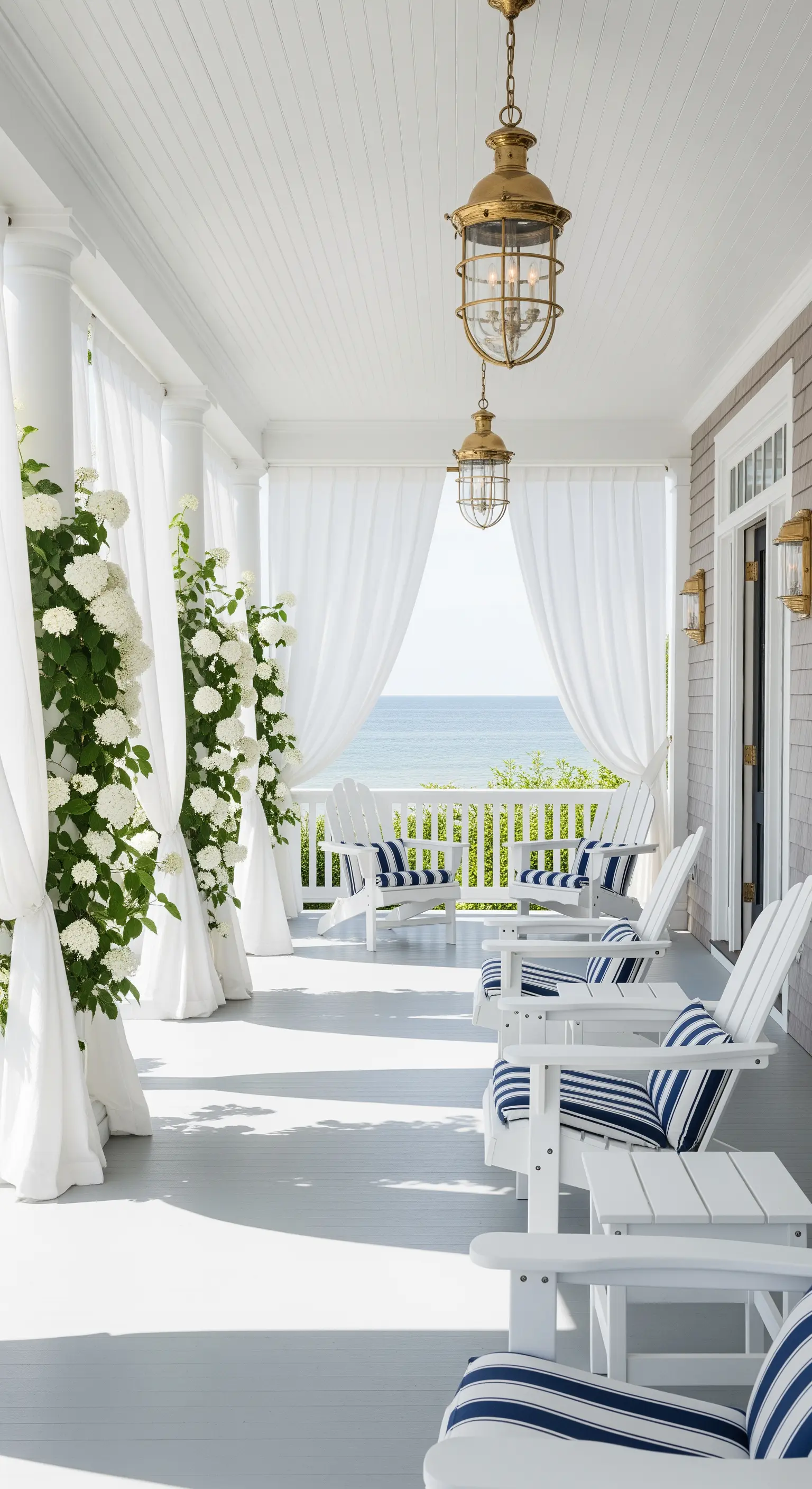Portico bianco in stile marinaro con sedie Adirondack e tende bianche vista mare.