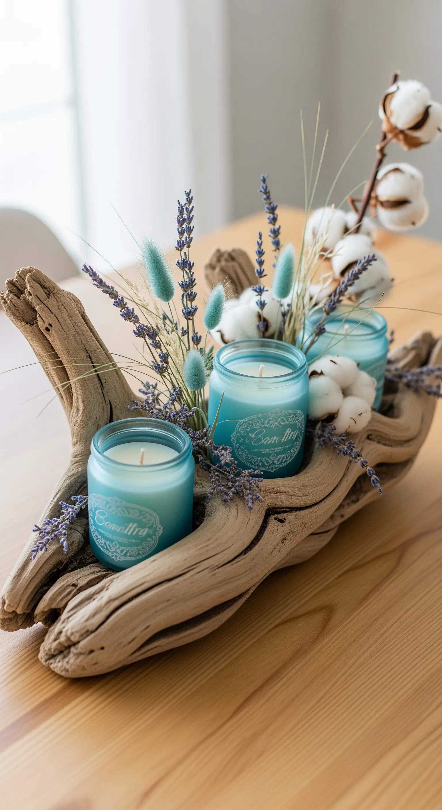 Composizione con legno di mare, candele azzurre, lavanda e fiori di cotone.