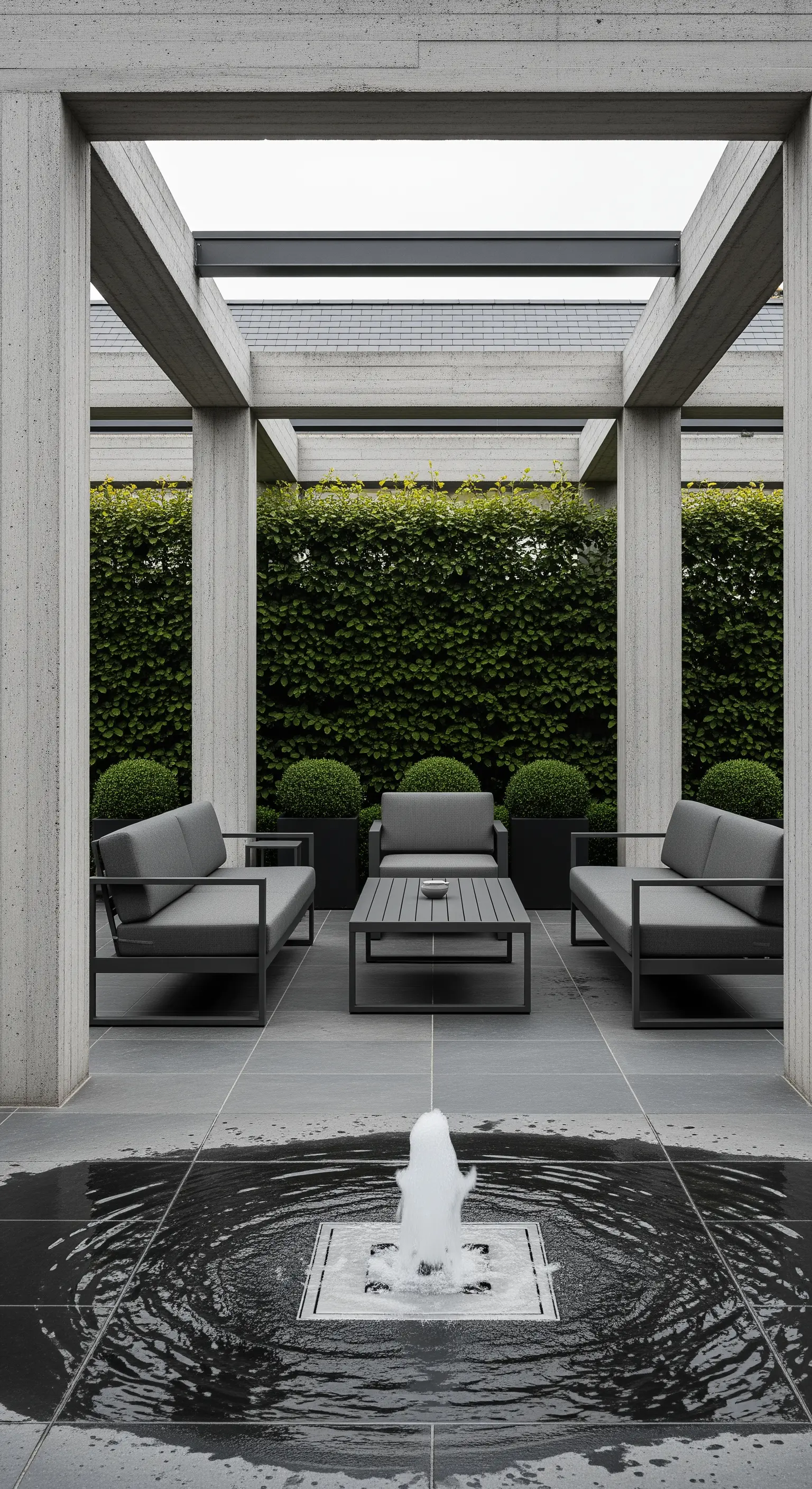 Patio con struttura a colonne in cemento, arredi grigi minimal e un getto d'acqua centrale