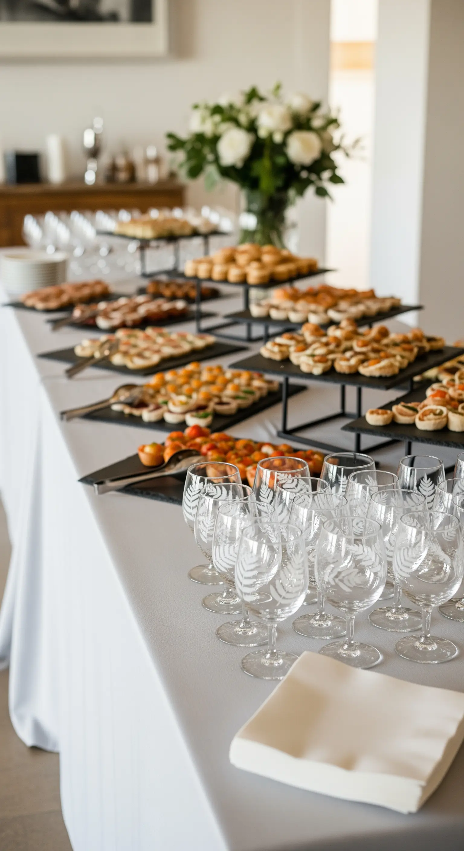 Buffet elegante con tovaglia bianca, vassoi in ardesia nera e calici da vino incisi