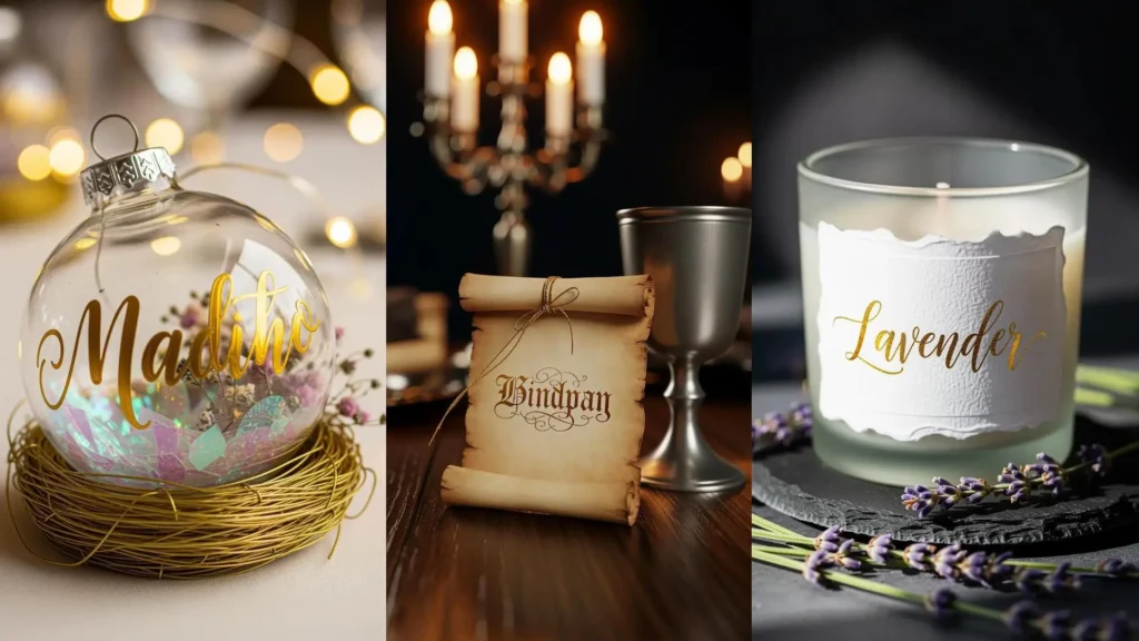 Segnaposto personalizzati con calligrafia dorata, piccoli doni e dettagli floreali, ideali per sorprendere gli ospiti.