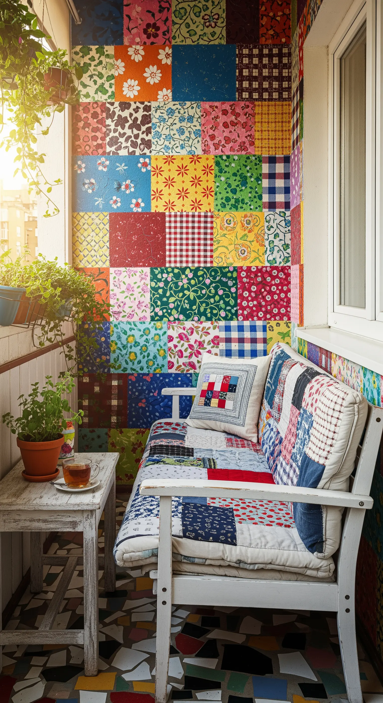 Balcone con parete decorata a patchwork, una panca bianca con una trapunta e pavimento a mosaico.