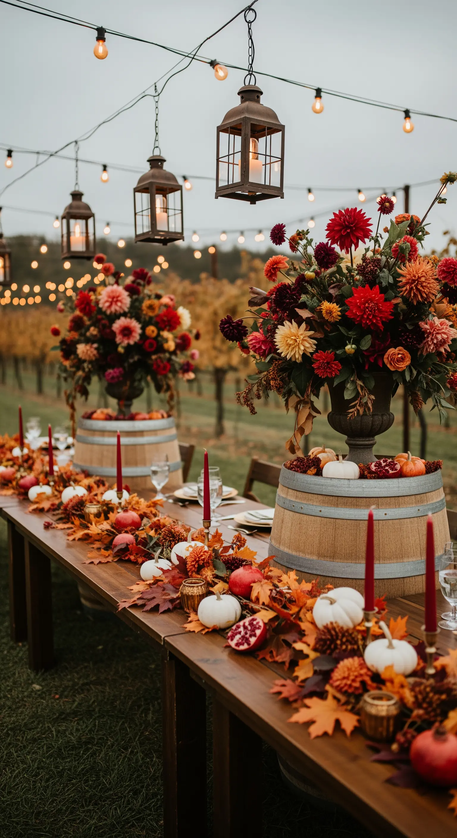 Tavola autunnale con zucche, melograni e fiori sui toni del rosso e arancione.