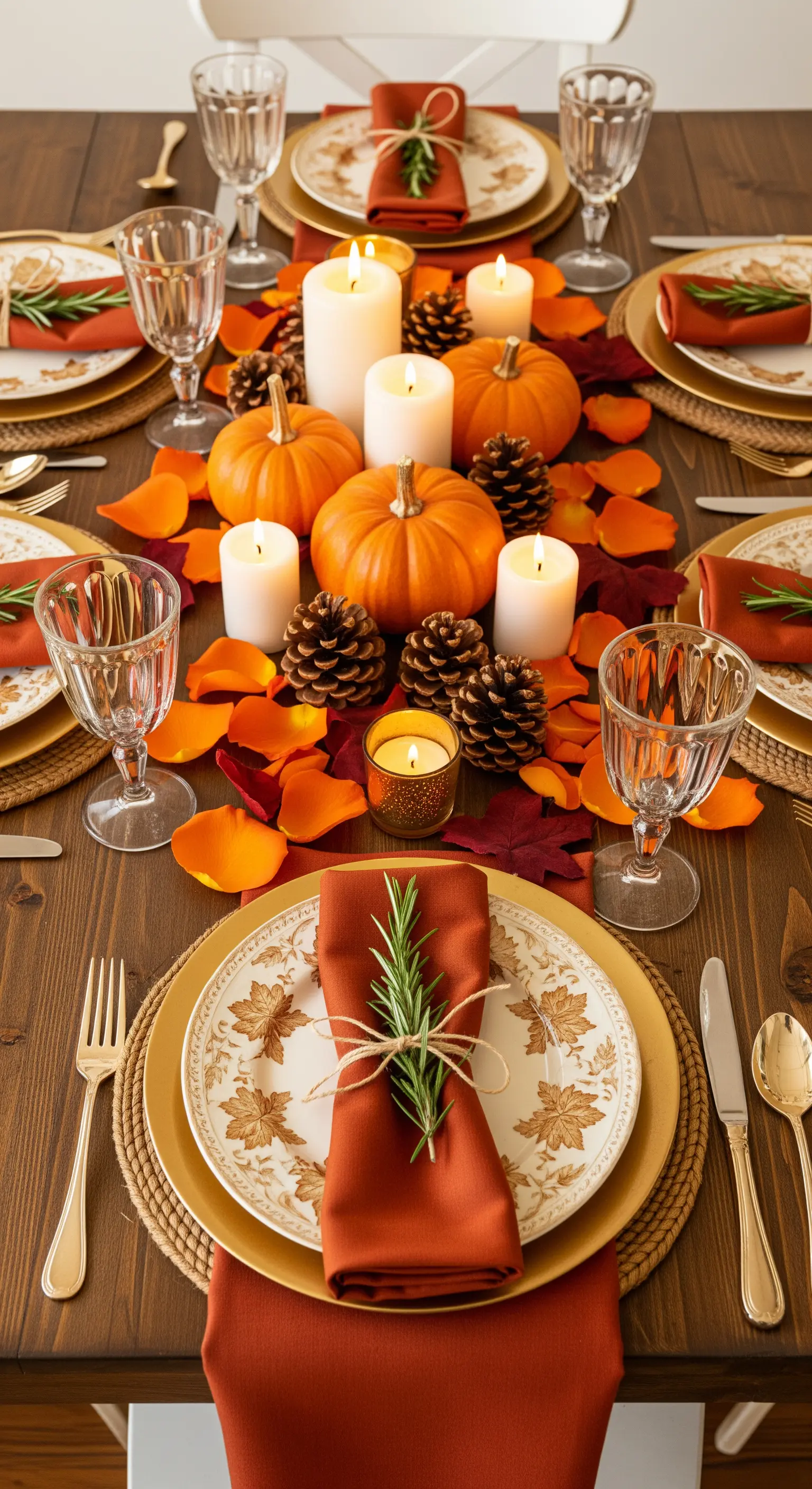 Tavola autunnale con zucche, pigne, tovaglioli color terracotta e rametti di rosmarino