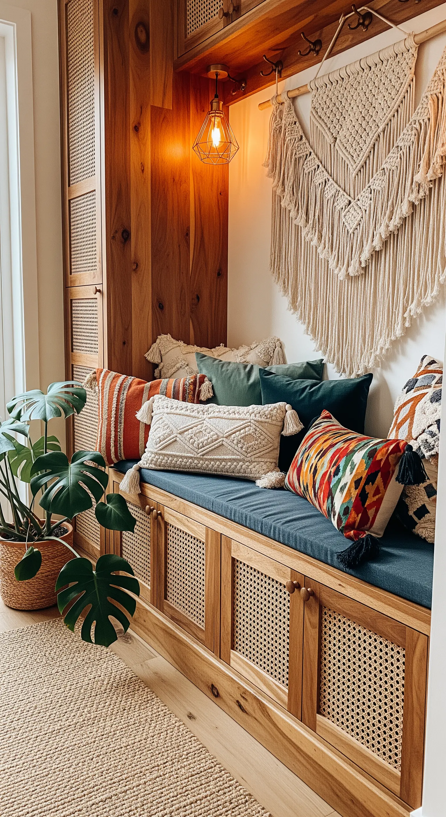 Panca in legno con ante in rattan, cuscini bohémien colorati e un arazzo in macramè.