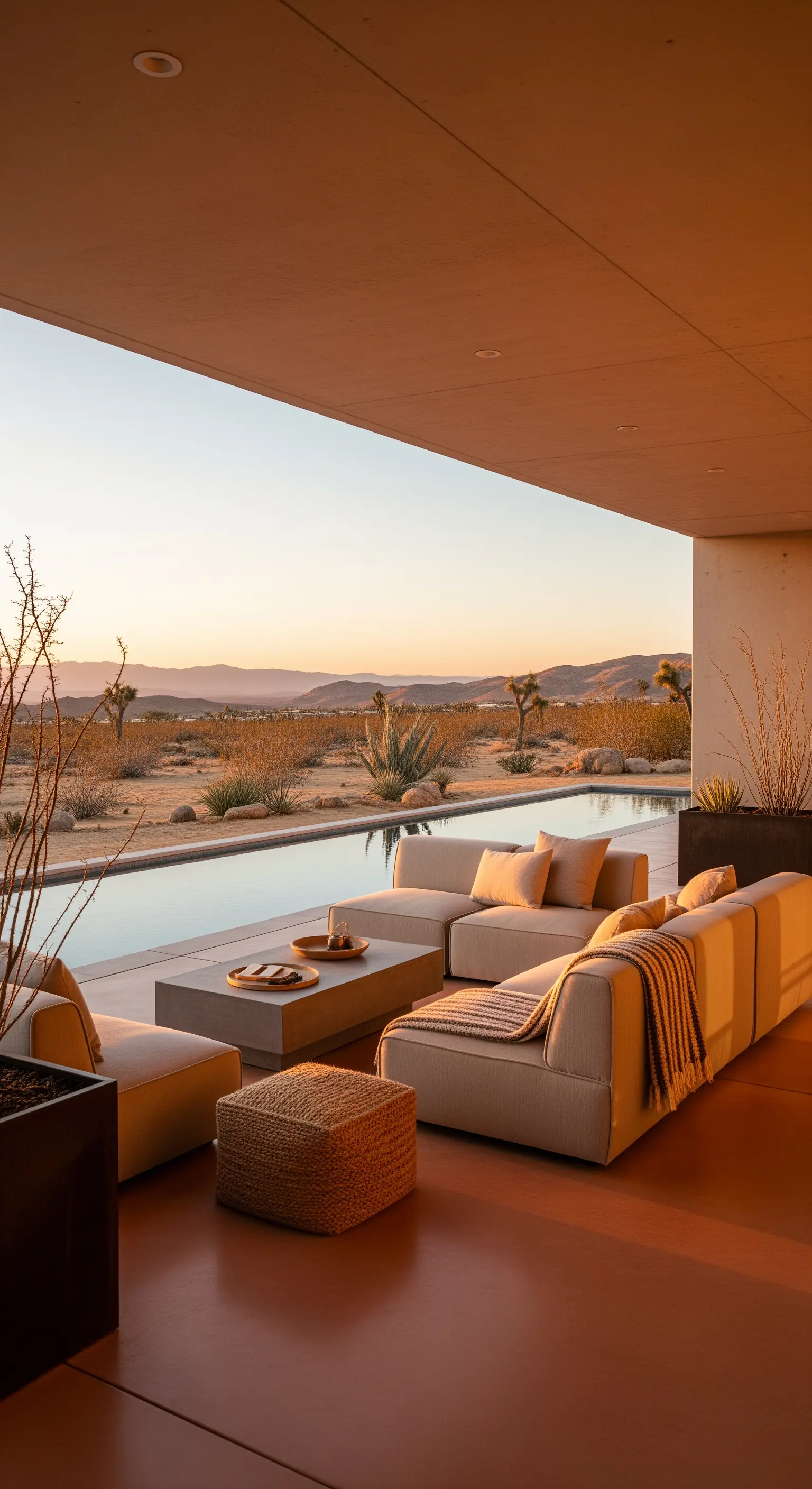 Patio minimalista nel deserto con pavimento in resina color terracotta e divano beige.