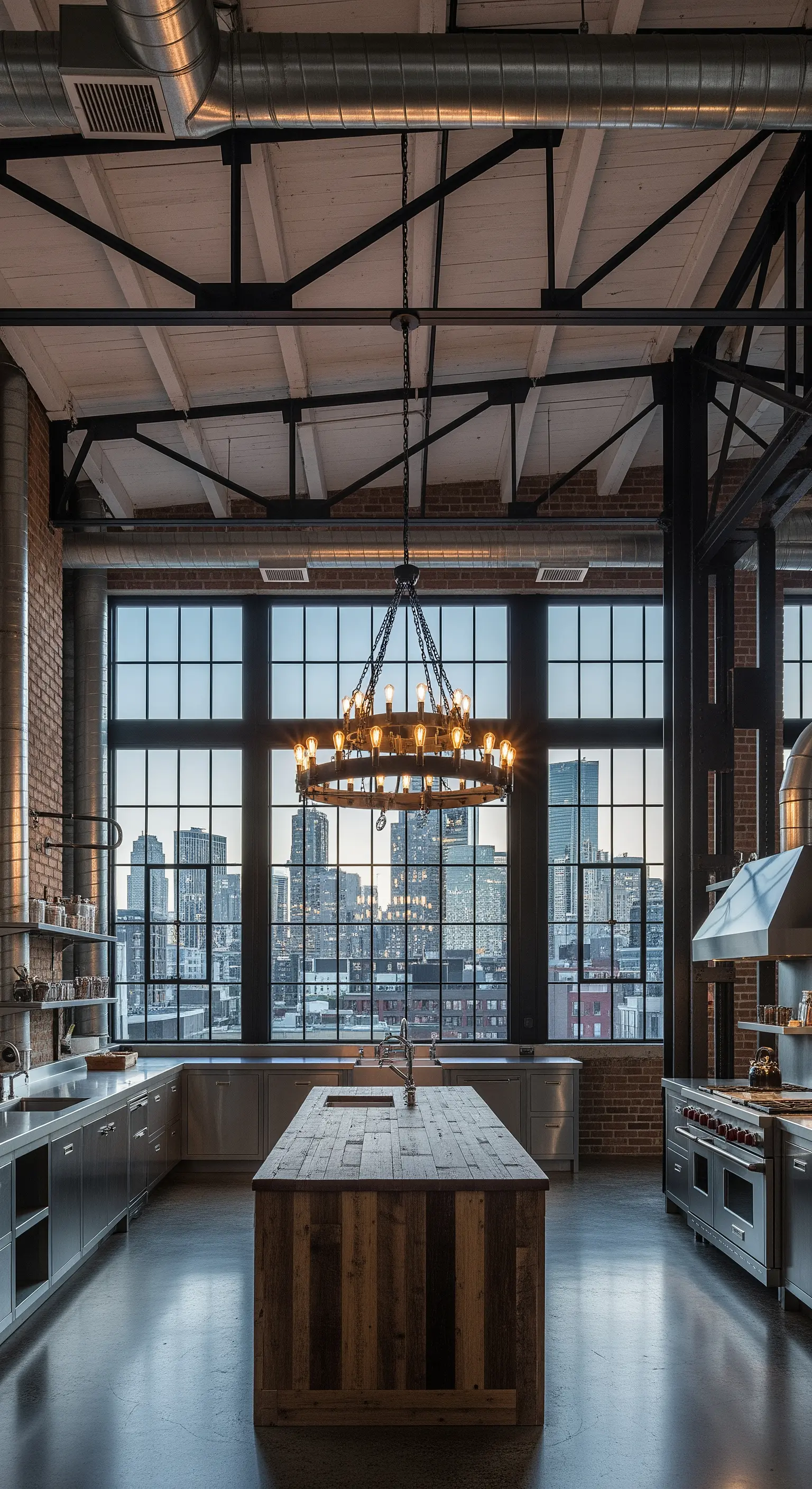Cucina in stile loft industriale con travi a vista, isola in legno e lampadario in ferro