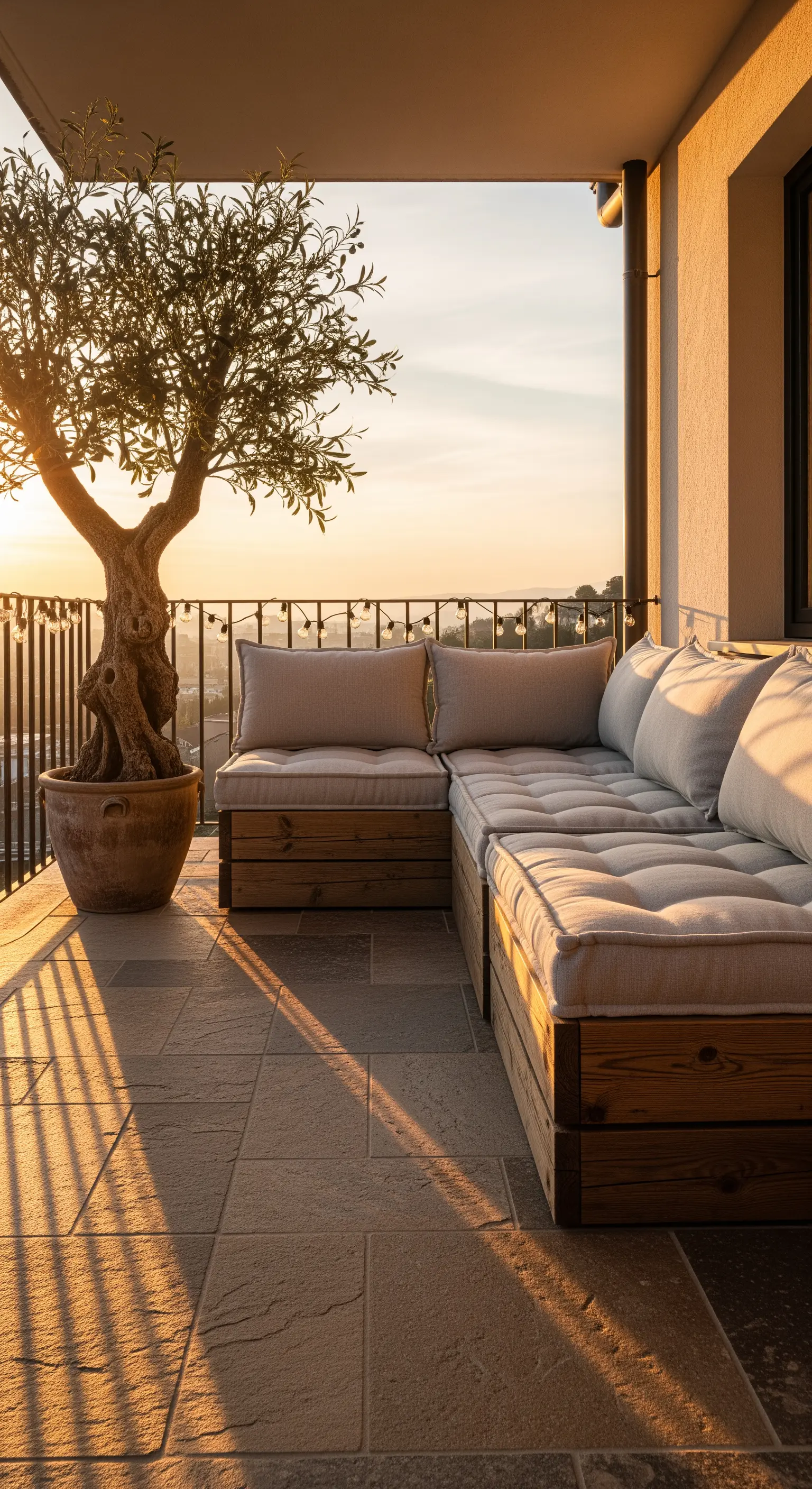 Terrazza al tramonto con divano in legno, cuscini chiari e un grande ulivo in vaso di terracotta.