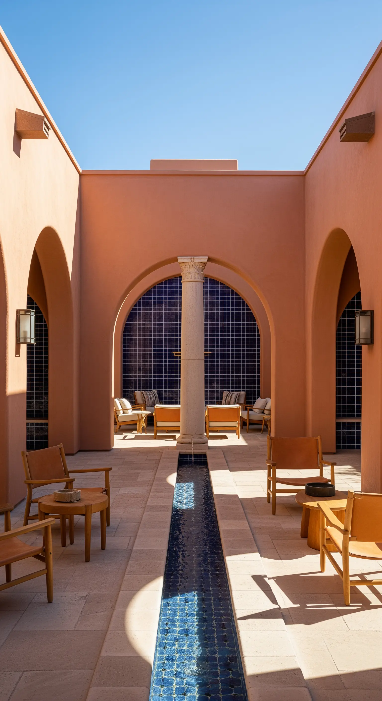 Cortile color terracotta con archi, un canale d'acqua con mosaico blu e arredi in legno chiaro