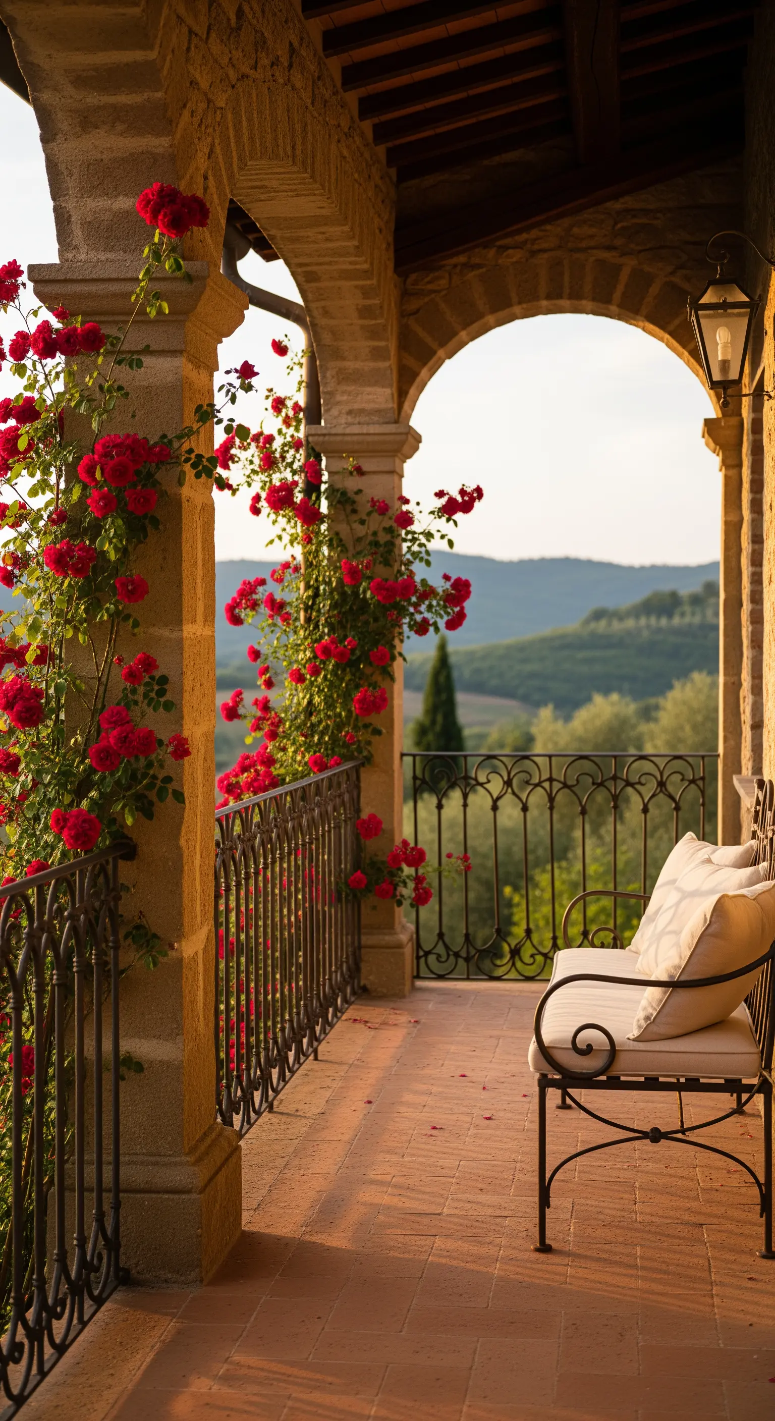 Balcone in stile toscano con colonne in pietra, rose rosse e una panca in ferro battuto.