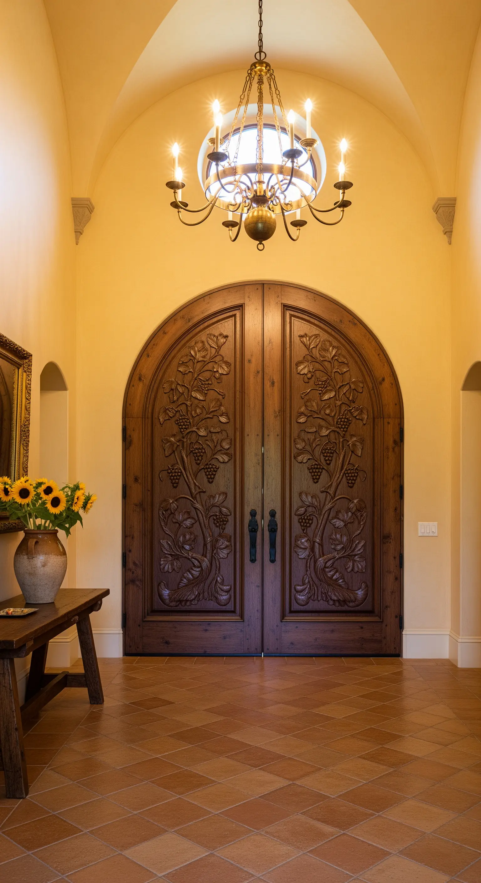 Ingresso in stile toscano con porta ad arco in legno intagliato, pareti gialle e lampadario in ottone.