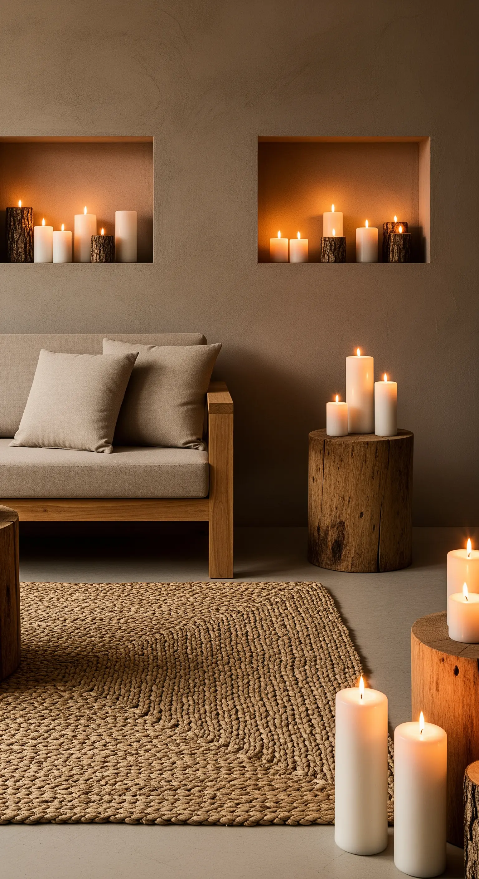 Salotto minimalista con divano in legno, tappeto in juta e illuminazione creata da molte candele.