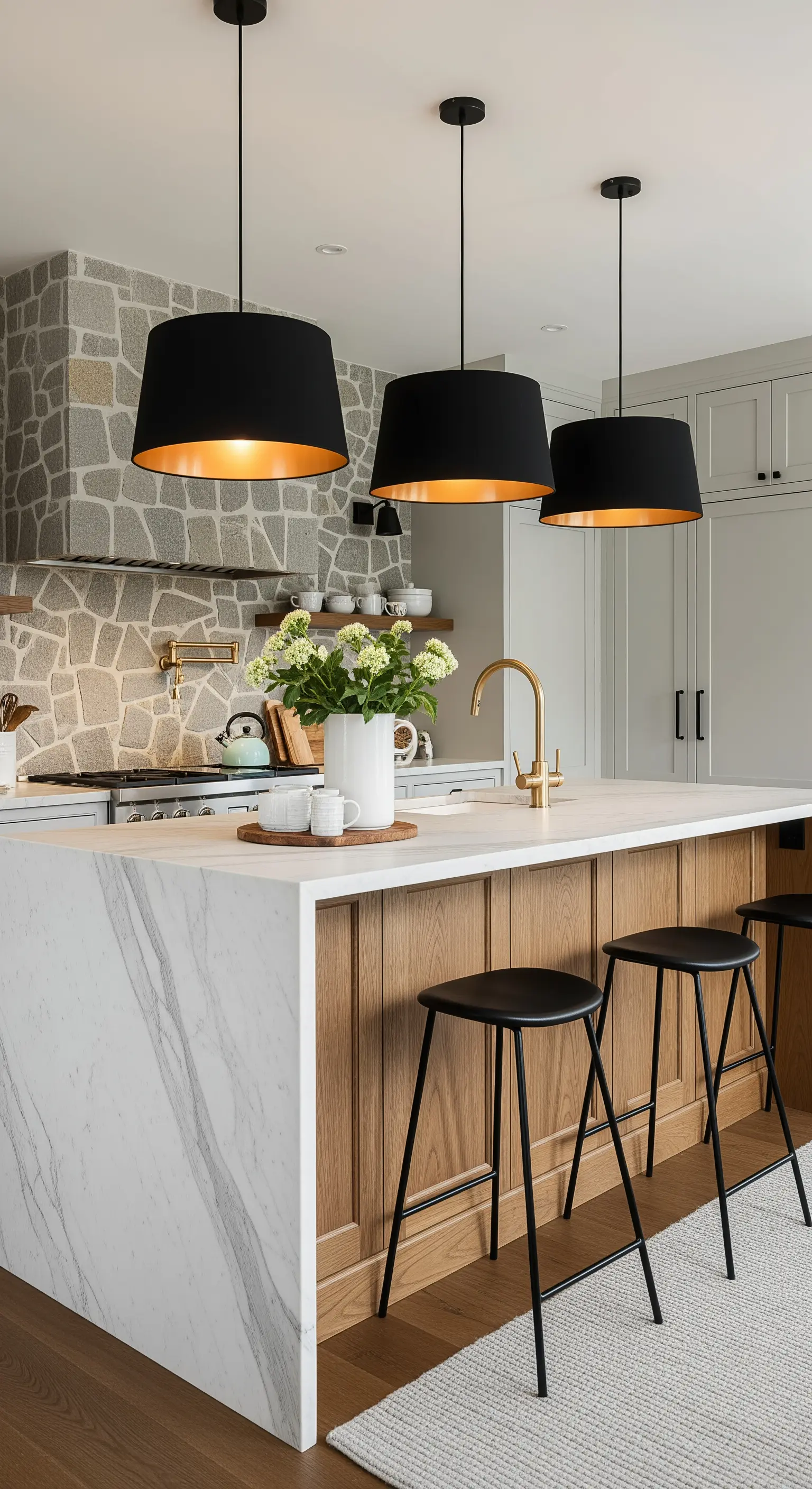 Isola cucina con paraschizzi in pietra e tre lampade a tamburo nere con interno dorato.