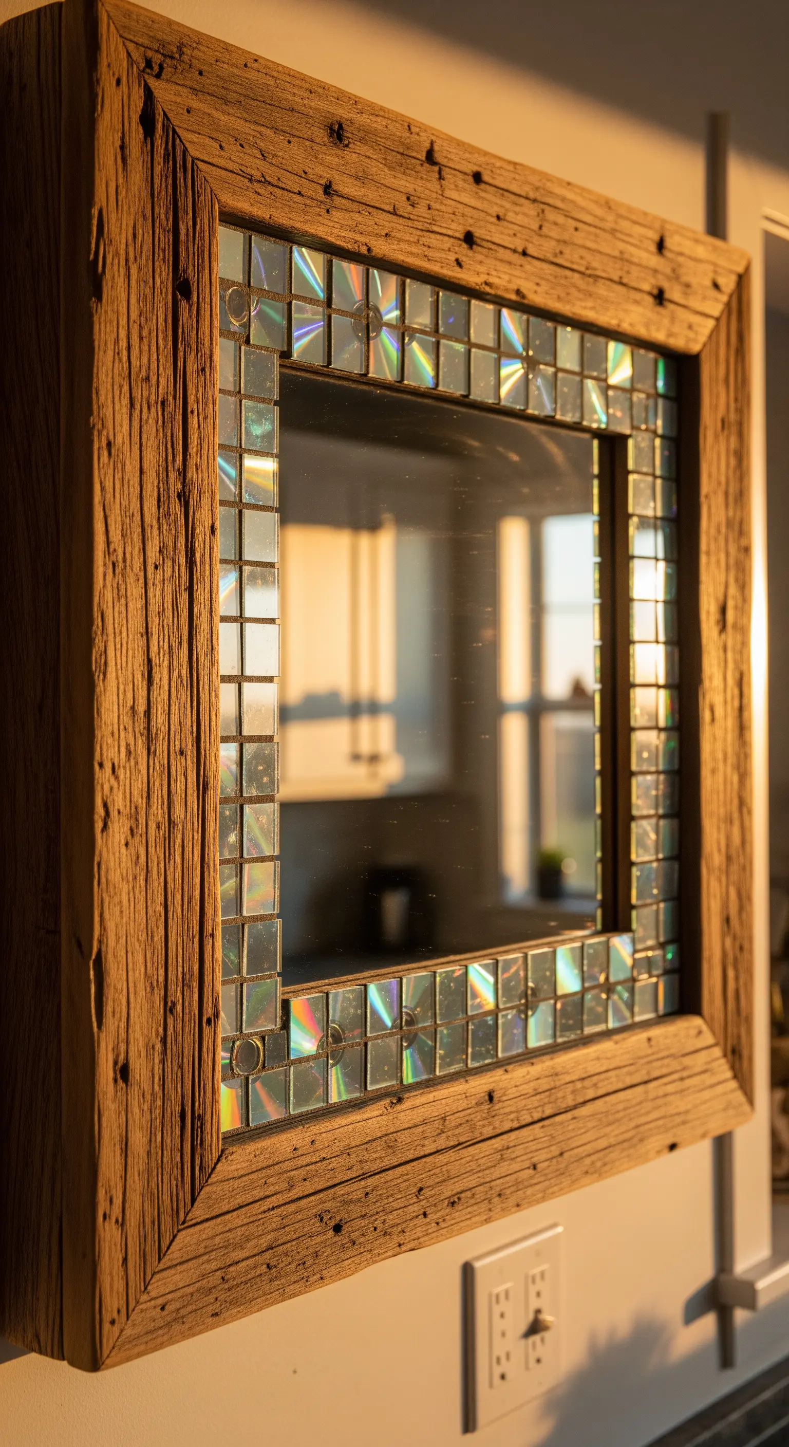 Specchio quadrato con spessa cornice in legno rustico e un bordo interno a mosaico di CD.
