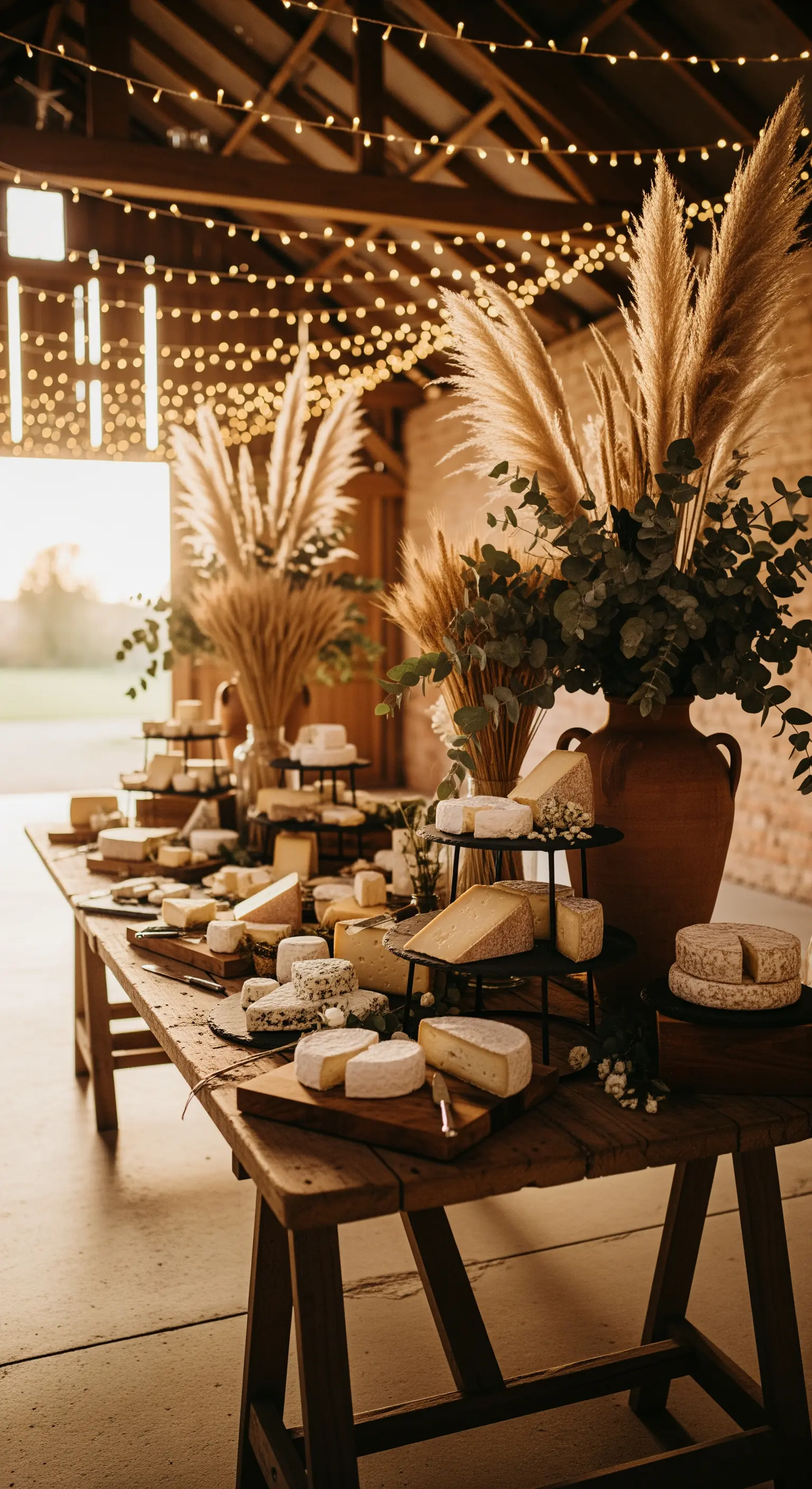 Buffet di formaggi su tavolo di legno, decorato con erba della pampa e fili di luci calde.