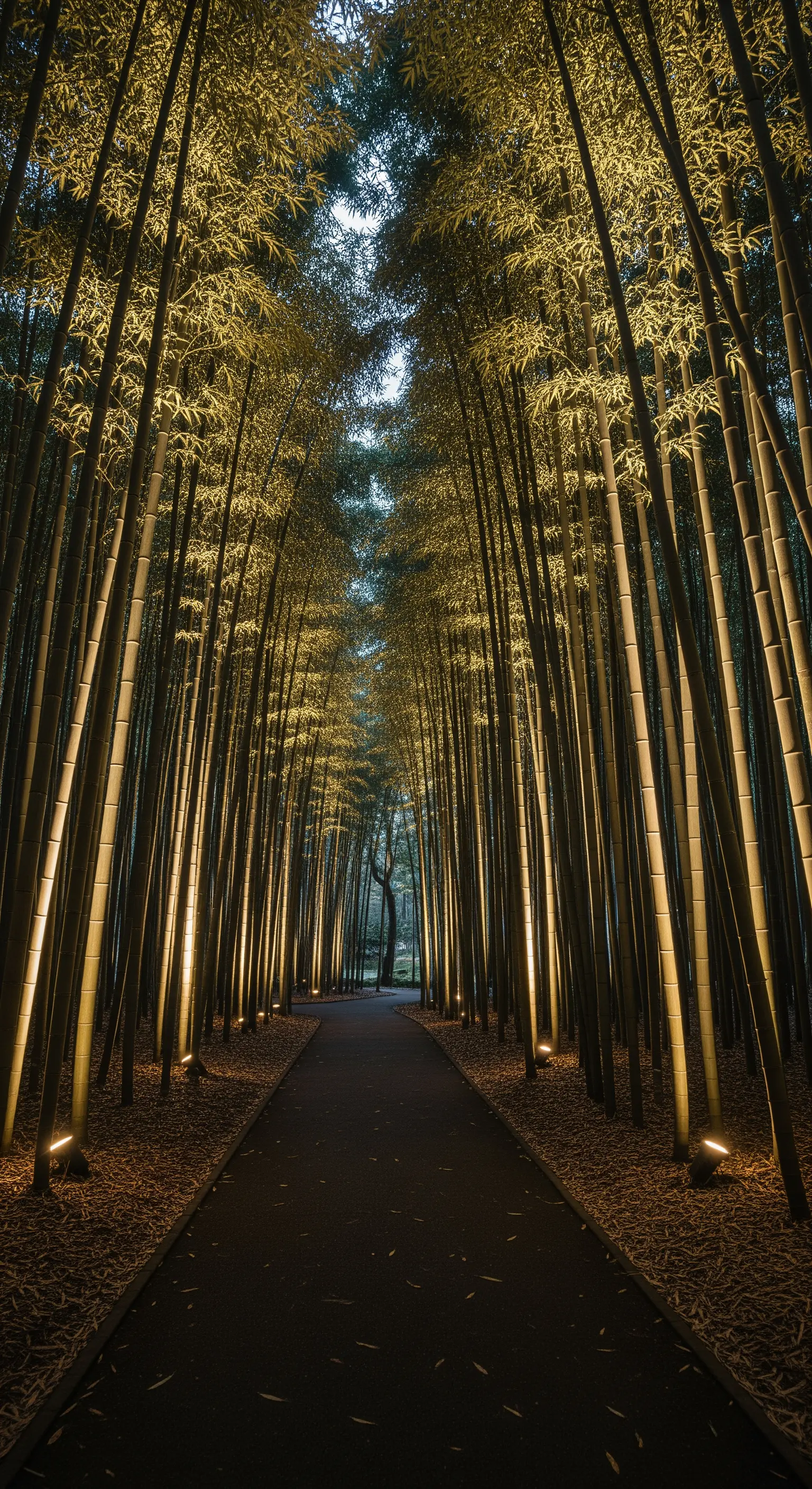 Sentiero scuro che attraversa una fitta foresta di bambù, illuminata dal basso da faretti.