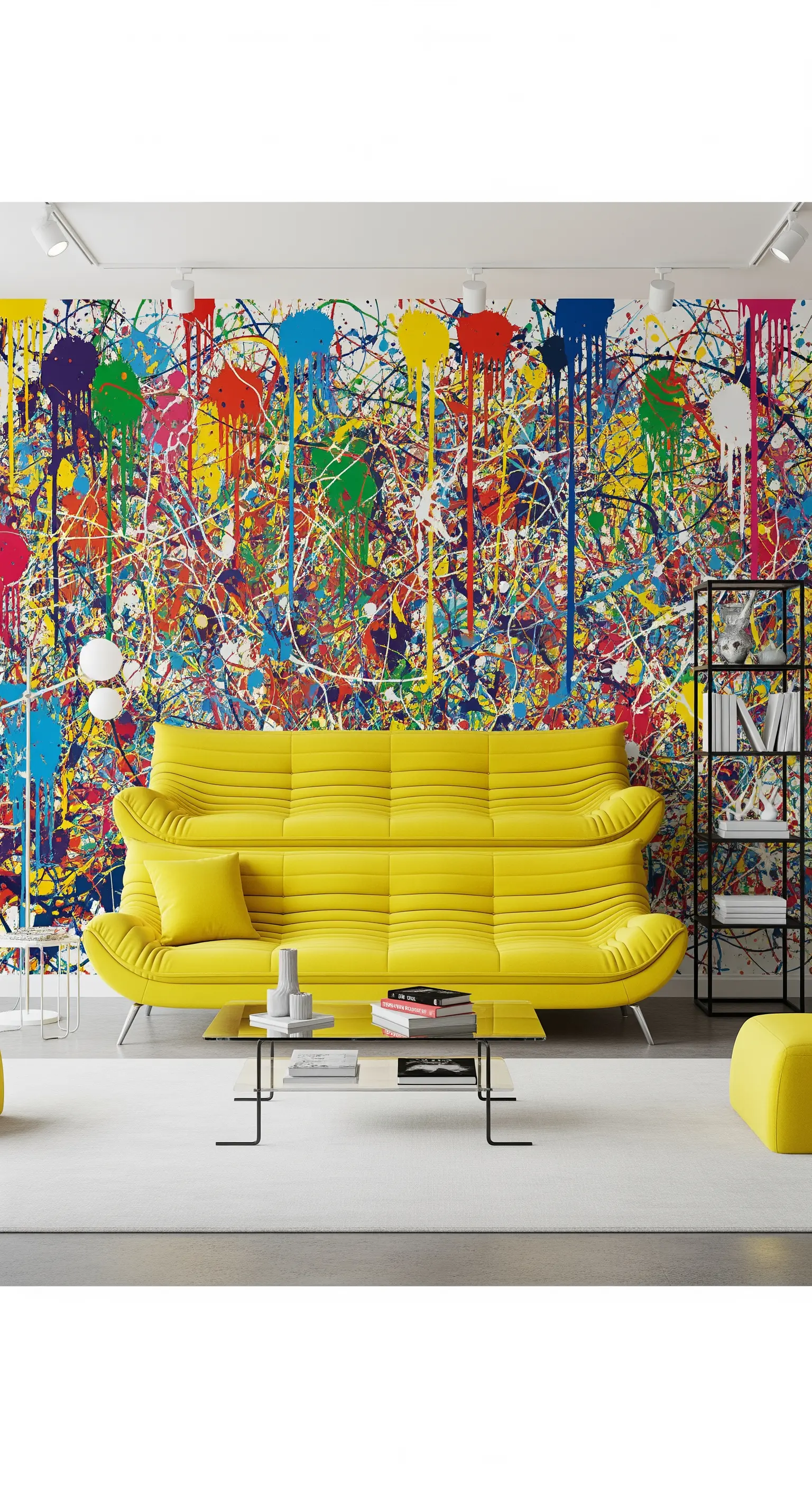 Salotto moderno con murale a schizzi di colore stile Pollock e divano giallo acceso.