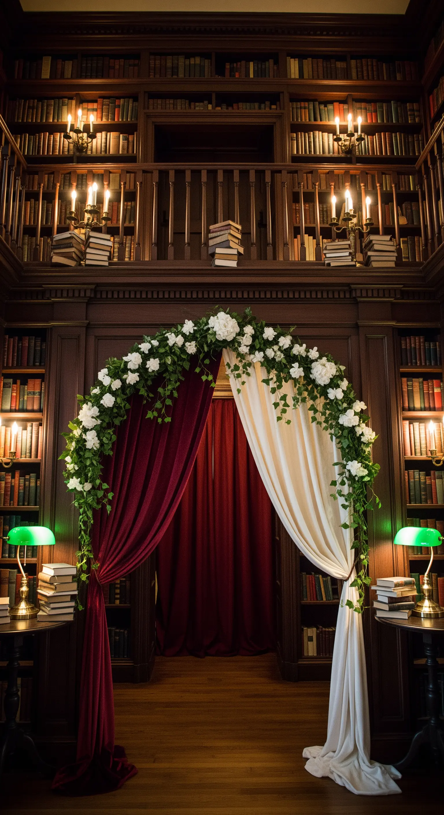 Arco di rose bianche e edera con drappi in velluto e seta in una biblioteca storica.