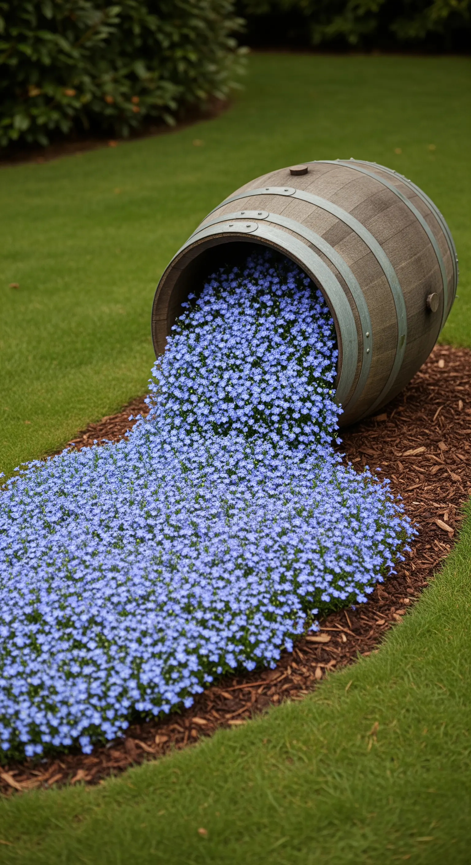 Botte di vino coricata su un prato, da cui sembra fuoriuscire una cascata di piccoli fiori blu.