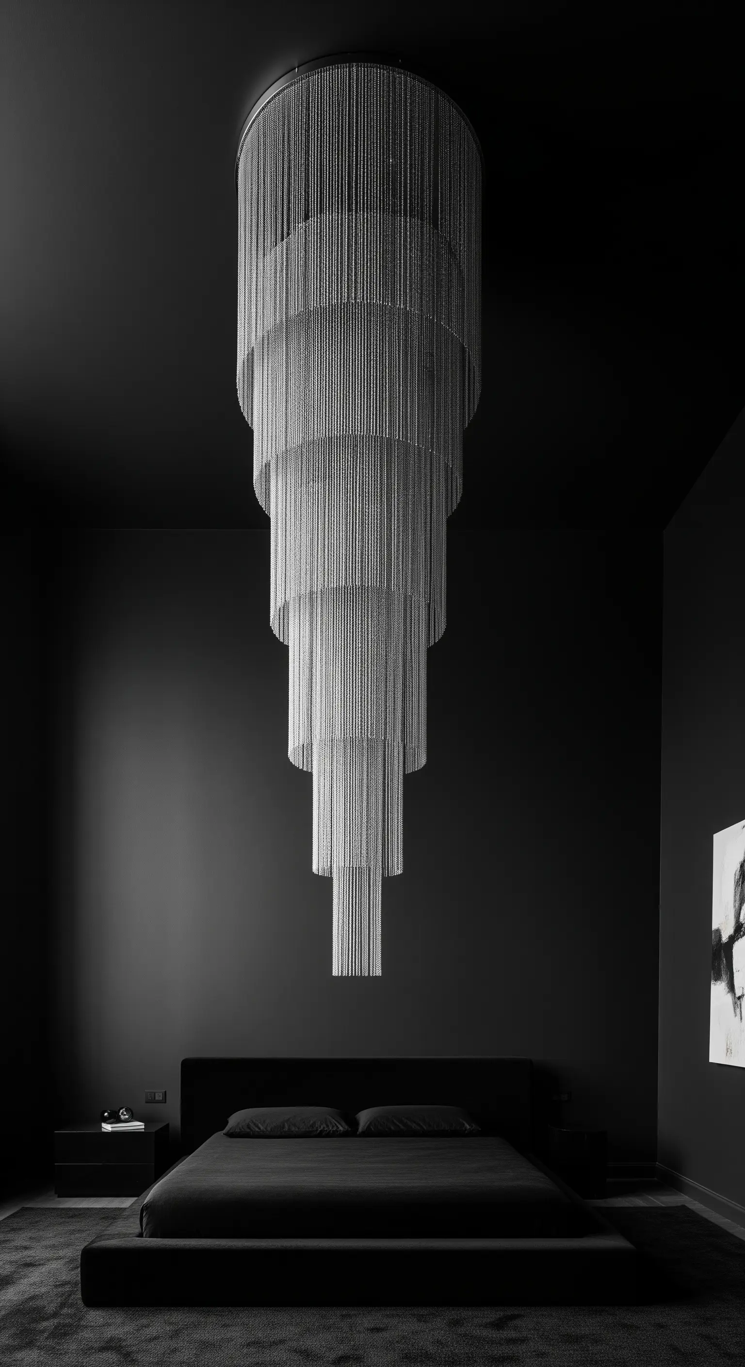Imponente lampadario a cascata di catene metalliche in una camera da letto completamente nera.