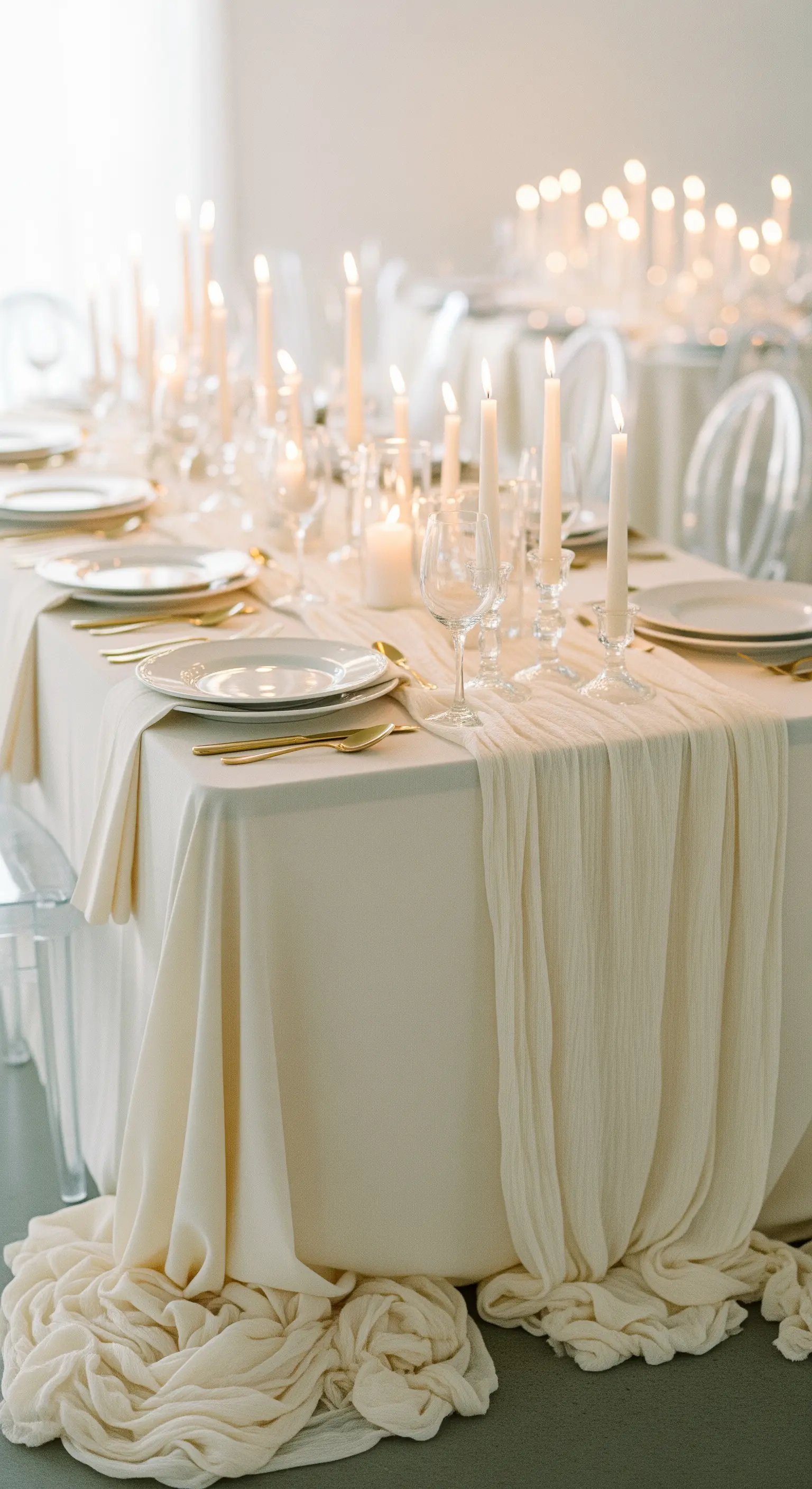 Tavola da matrimonio con un lungo runner color crema che cade a terra e decine di candele accese.