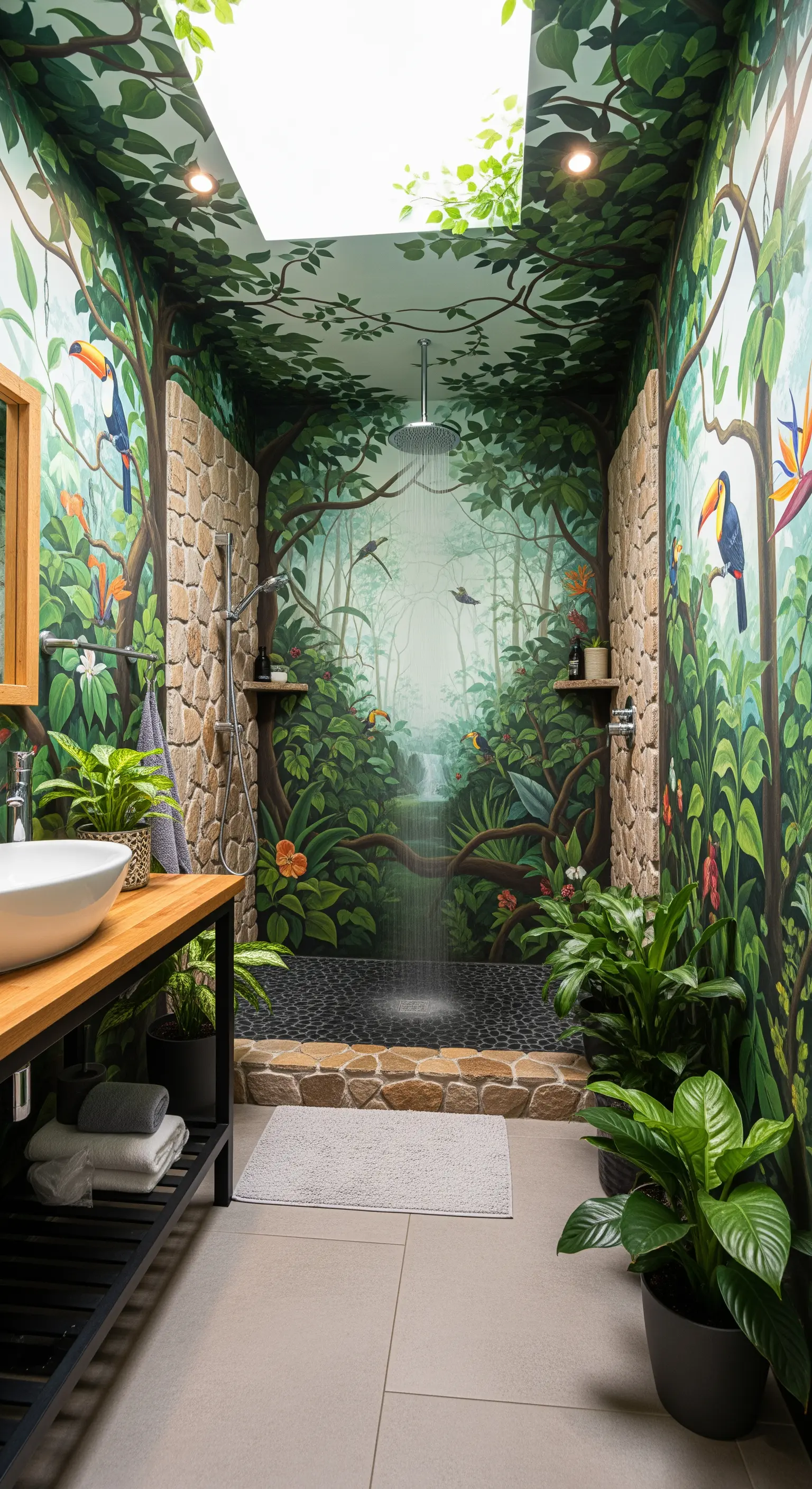 Bagno immersivo con murale di una cascata nella giungla, pareti in pietra e piante vere.