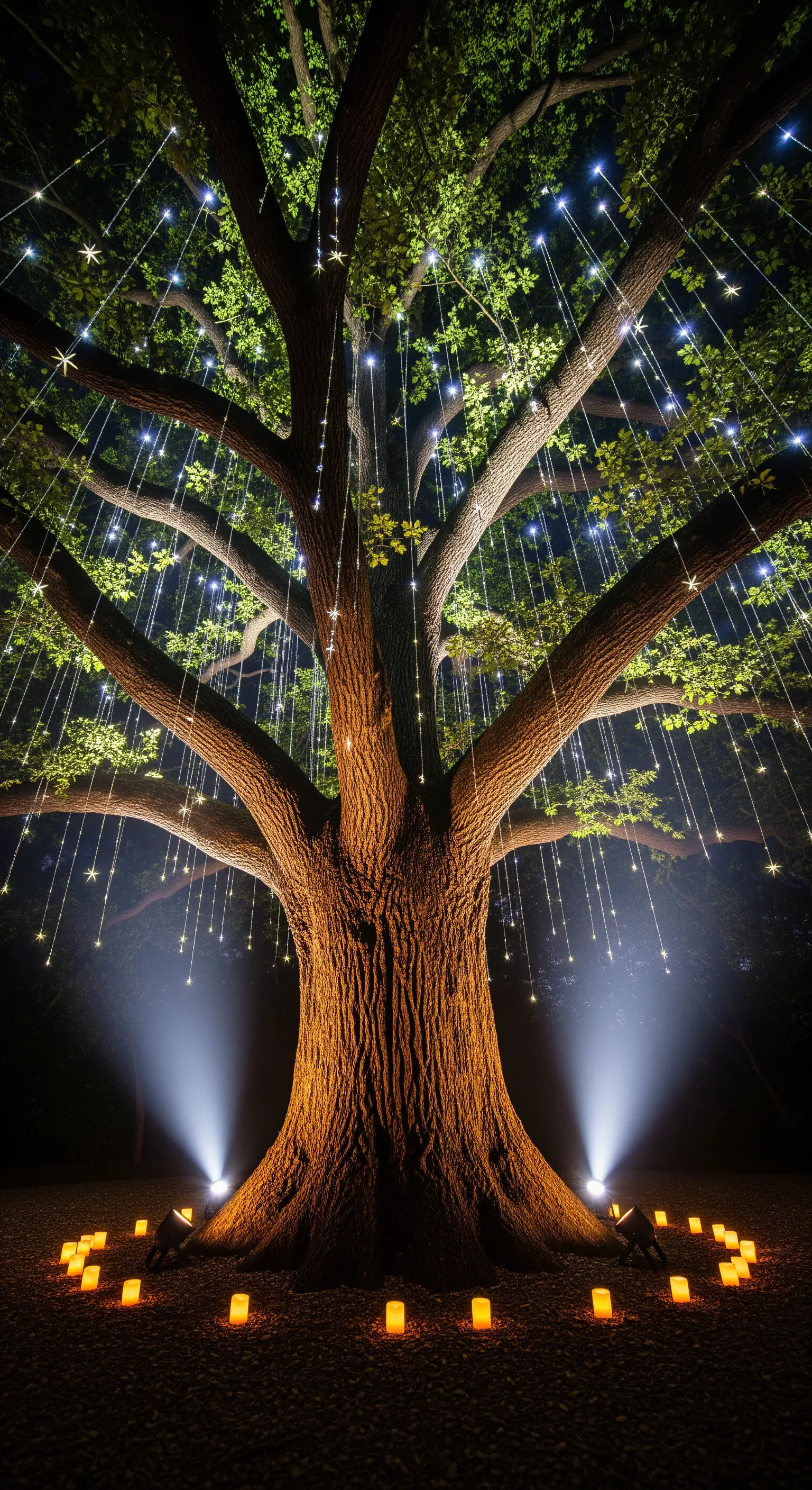 Grande albero con la chioma illuminata da faretti e luci a cascata che pendono dai rami.