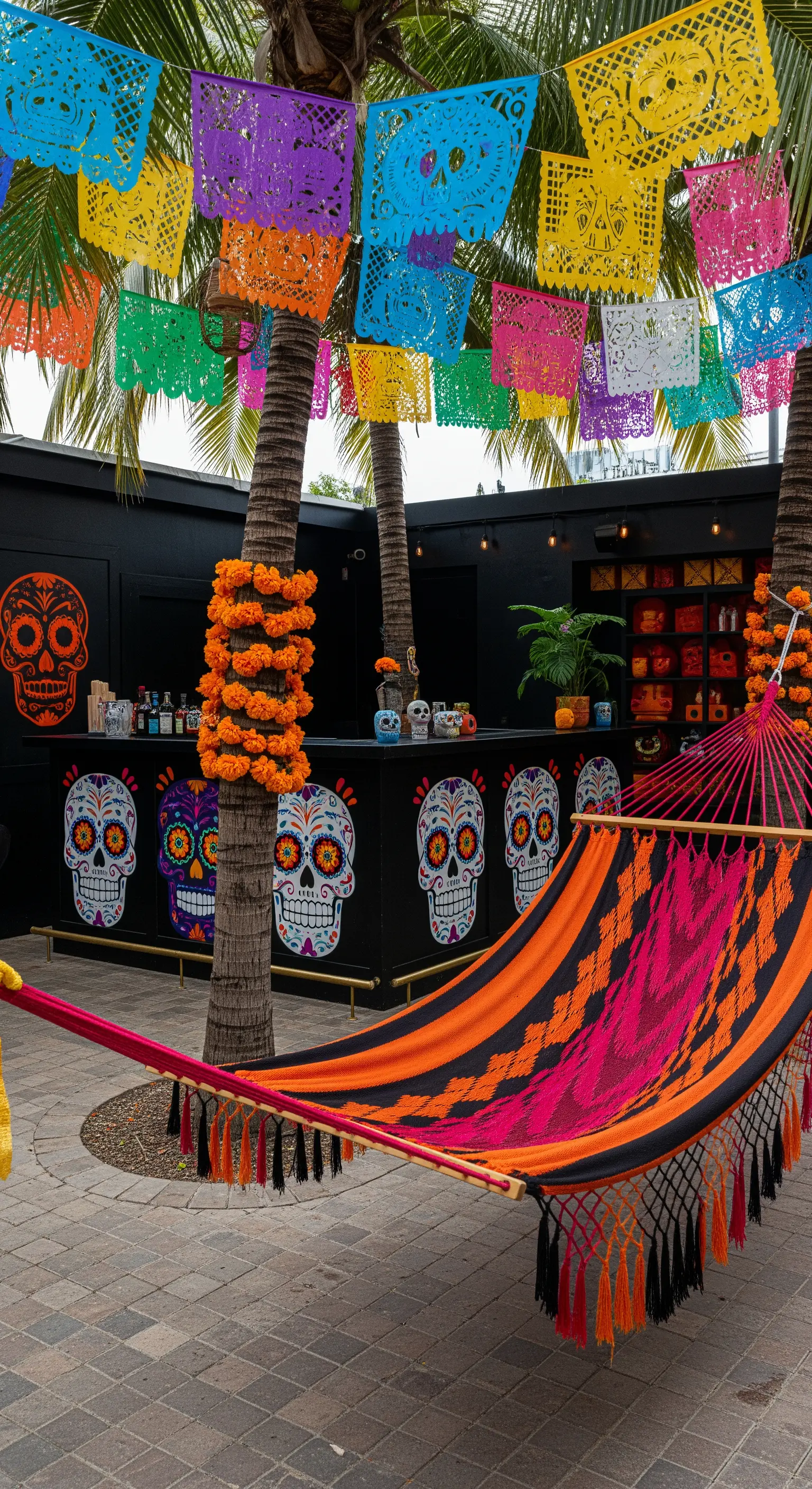 Allestimento a tema messicano con bar nero decorato, ghirlande colorate e amaca etnica.