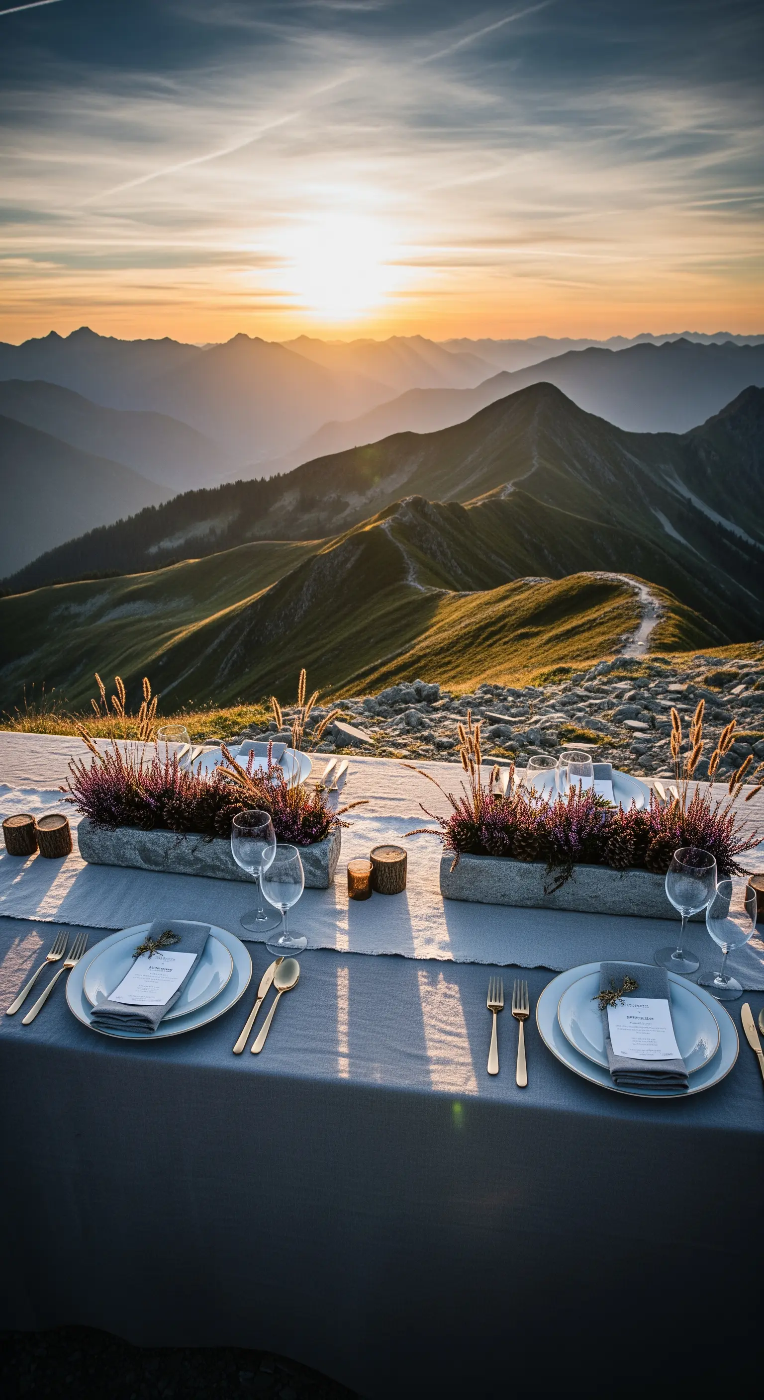 Tavola apparecchiata sulla cima di una montagna al tramonto, con decorazioni di erica.