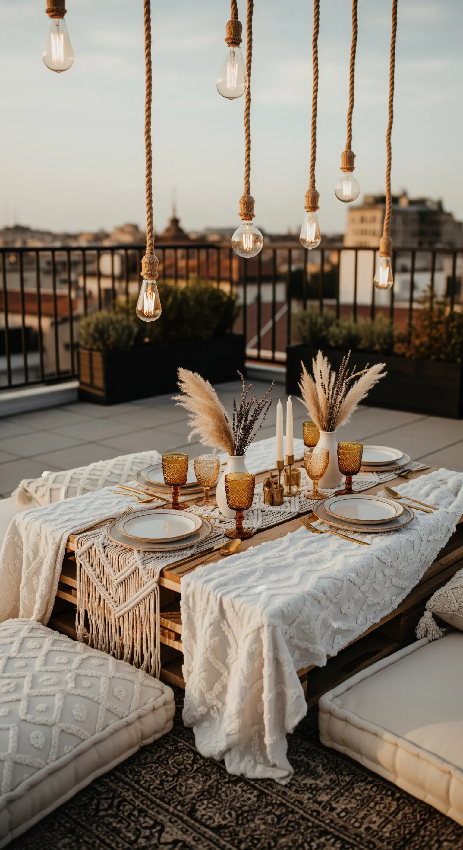 Allestimento bohemien con tavolo basso, cuscini in macramè e lampadine Edison sospese.