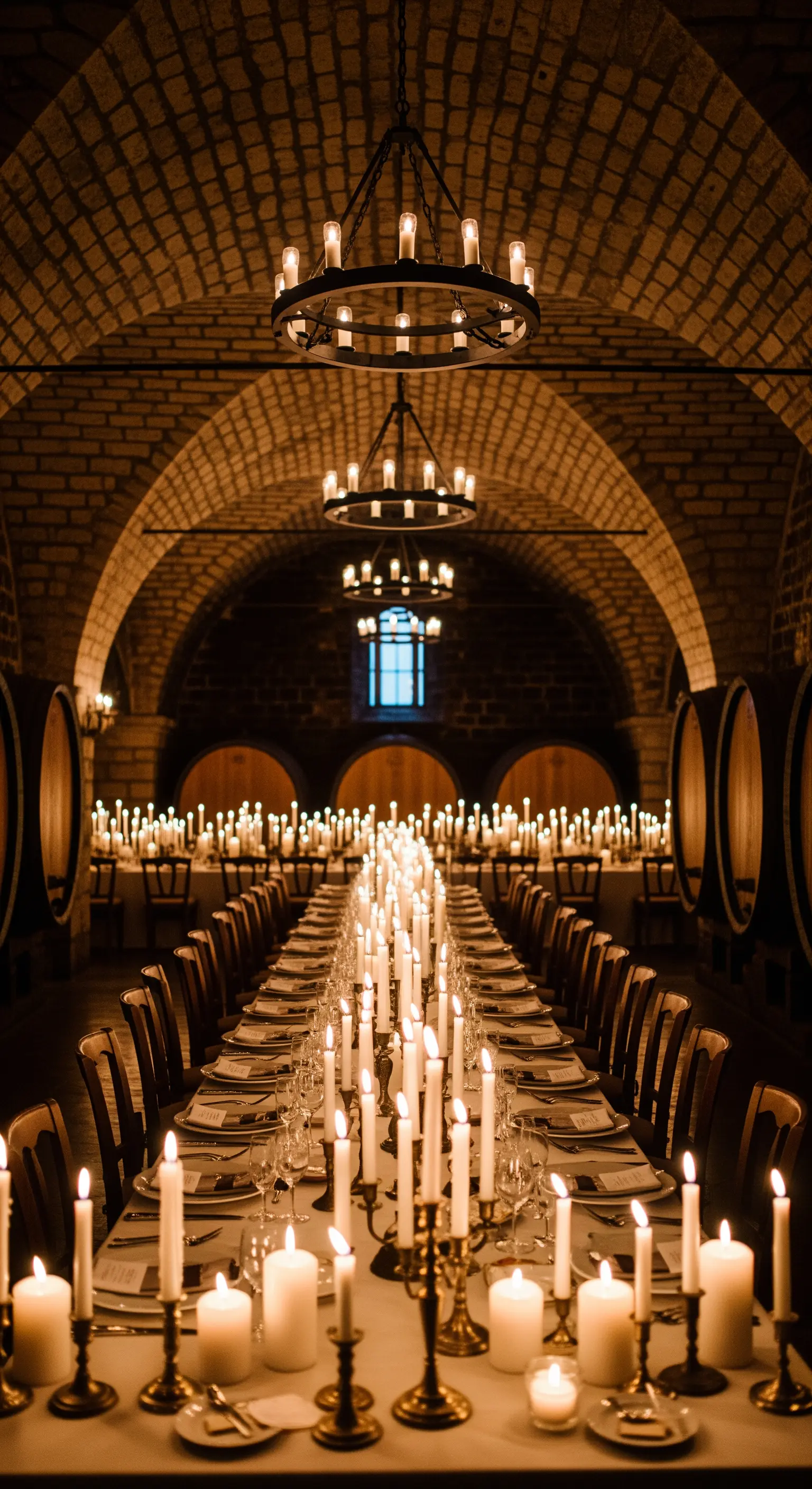 Lungo tavolo in una cantina storica illuminato esclusivamente da centinaia di candele.