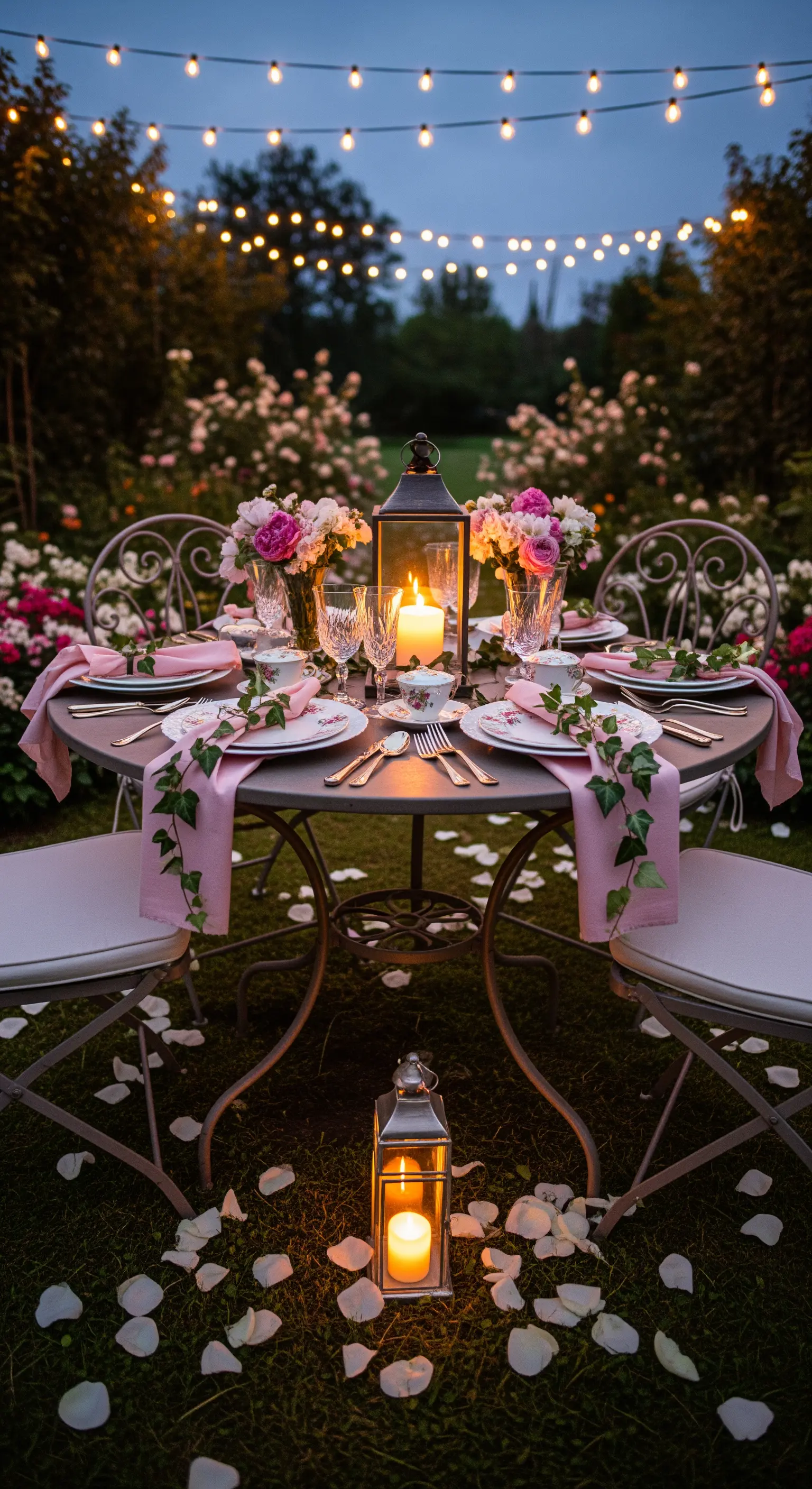 Cena romantica all'aperto in un roseto con fili di luci, lanterne e fiori rosa
