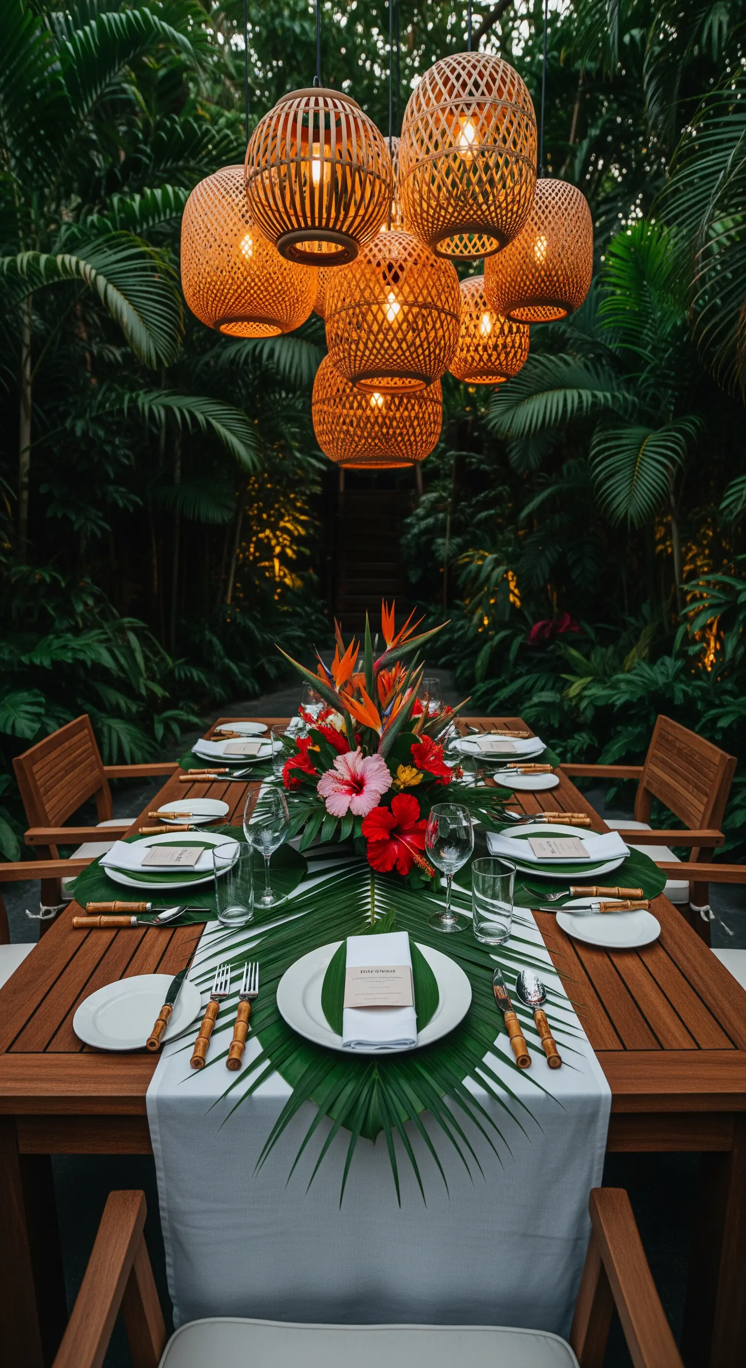 Tavola in stile tropicale con foglie di Monstera e lampadari pendenti in rattan.