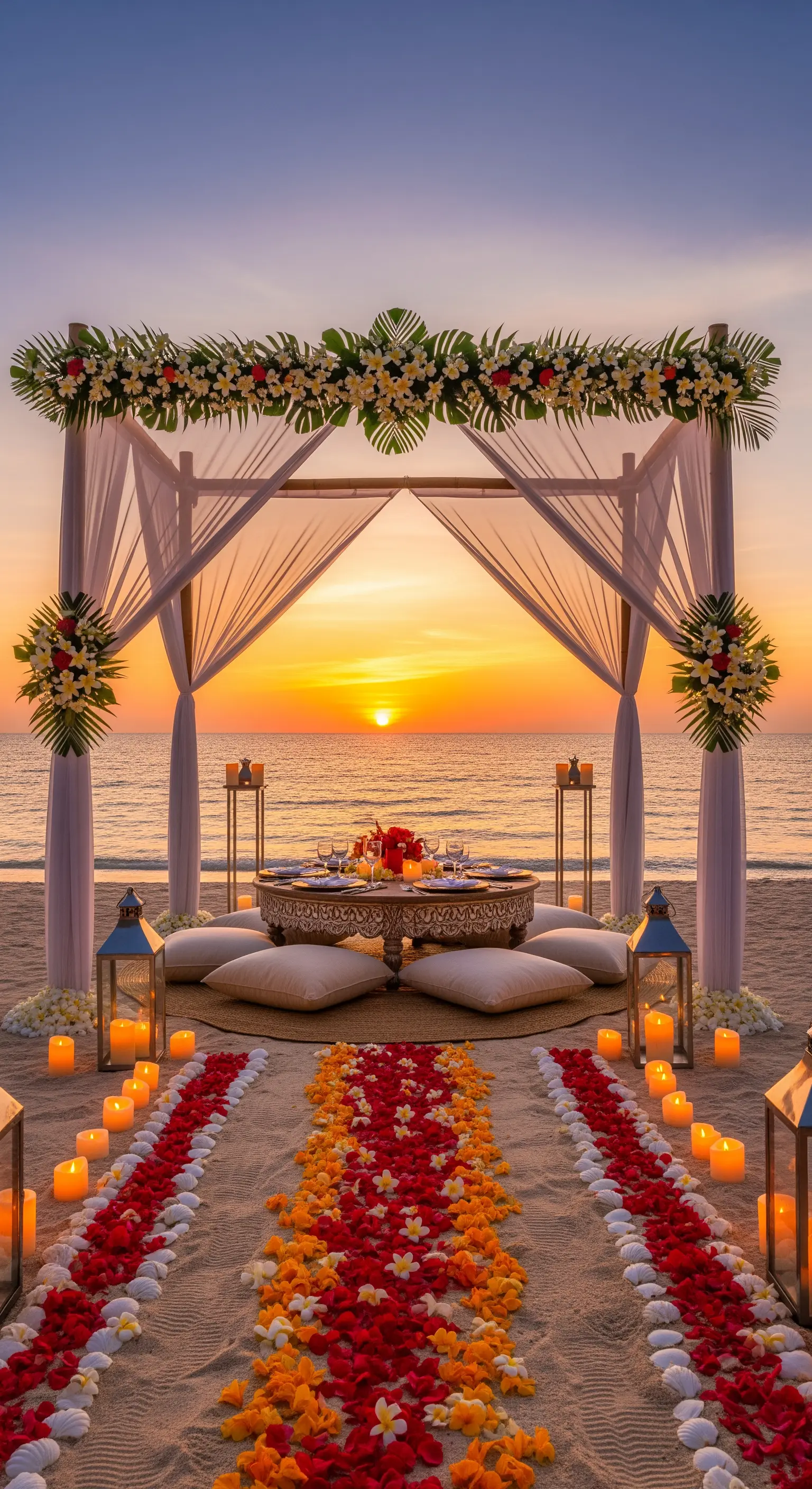 Allestimento per cena romantica sulla spiaggia al tramonto, con baldacchino, cuscini e lanterne.