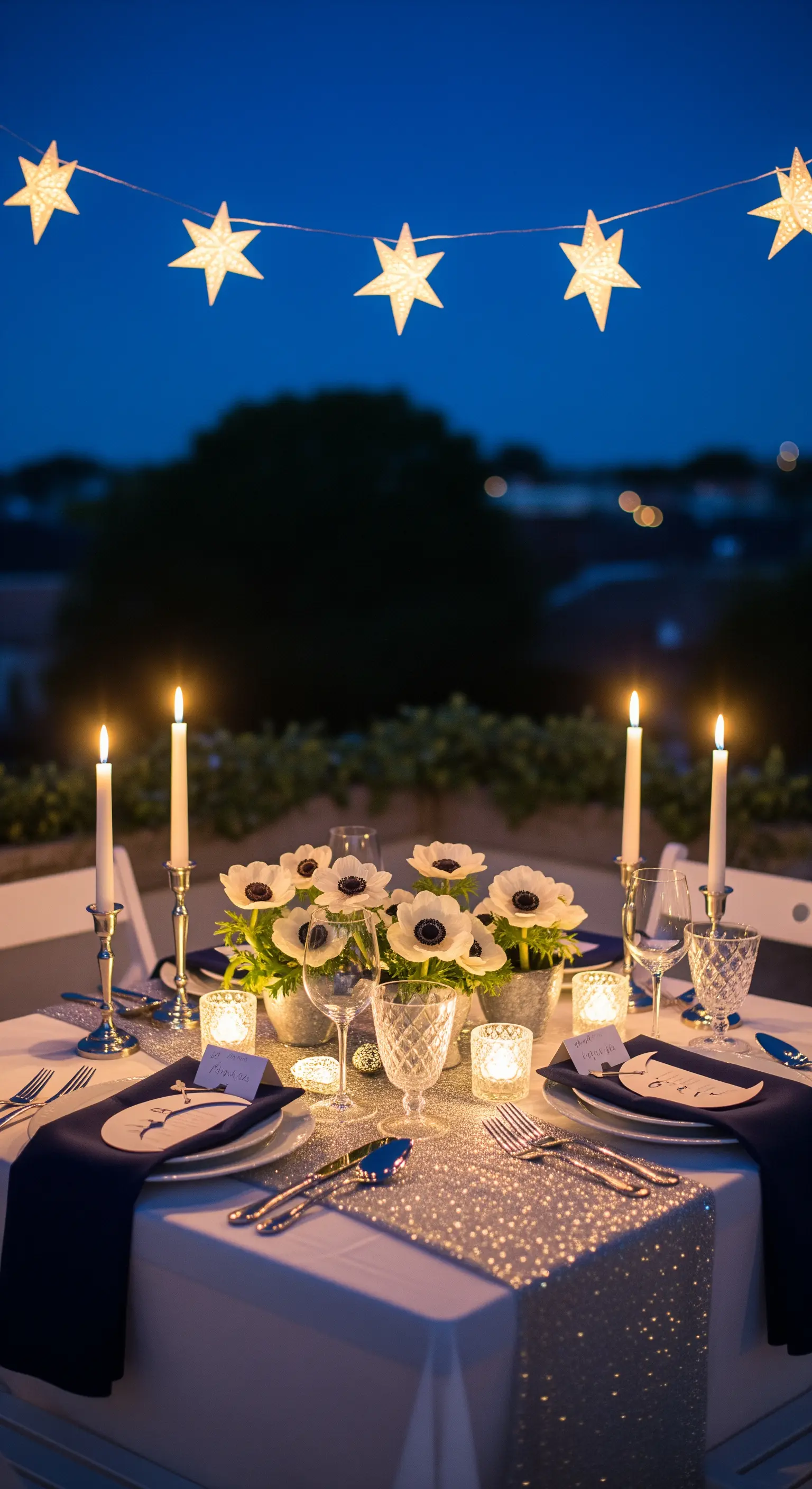 Tavola elegante con runner glitterato argento, tovaglioli blu e luci a forma di stella.