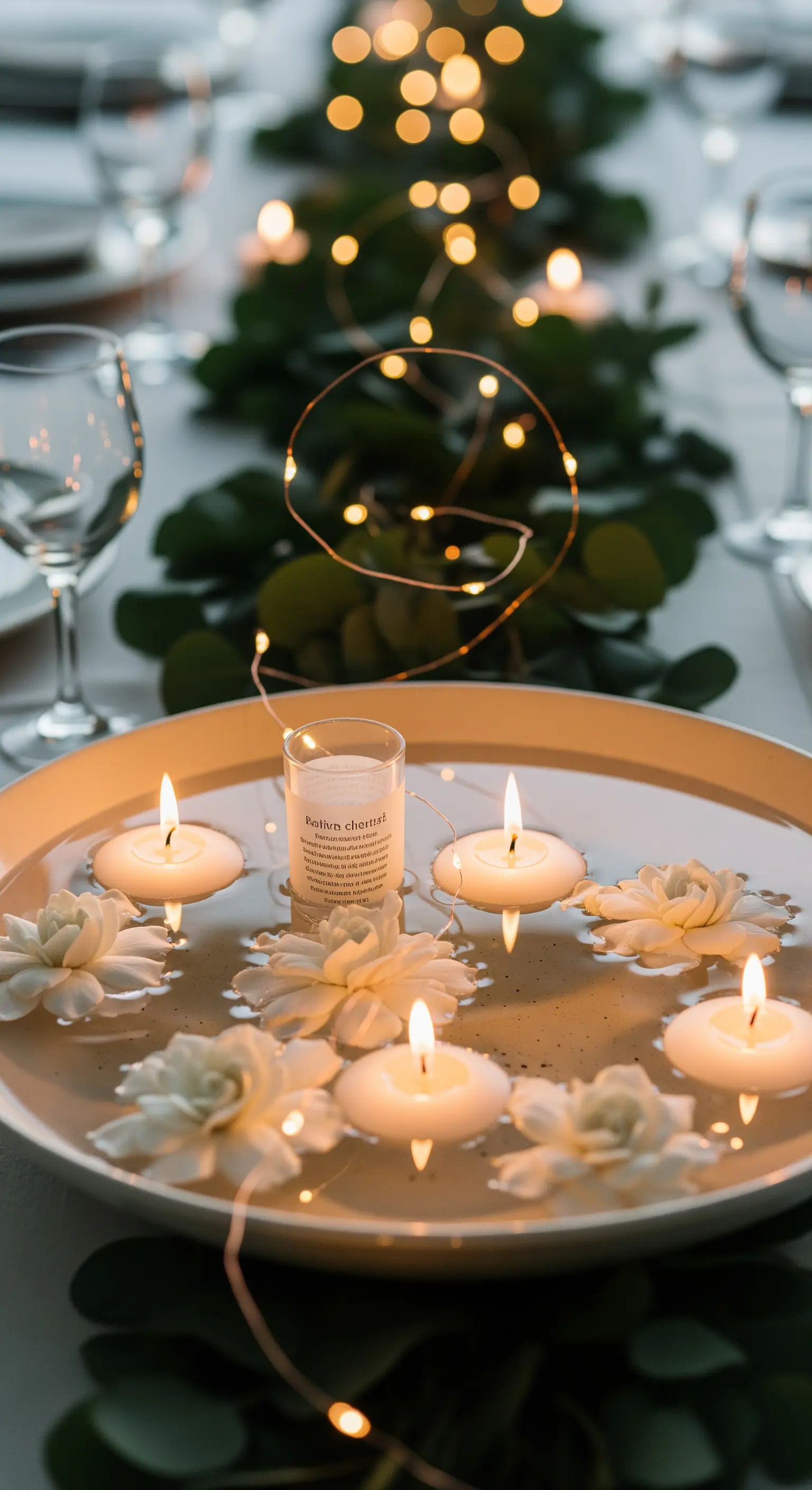 Centrotavola con candele galleggianti, fiori bianchi e lucine a filo di rame.