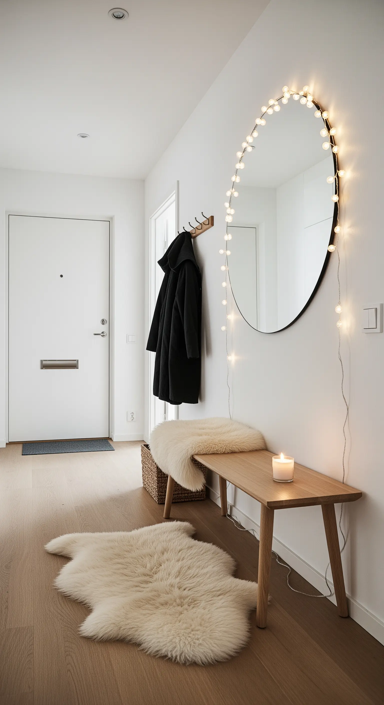 Ingresso minimalista con specchio rotondo incorniciato da luci, panca in legno e tappeti in pelliccia.
