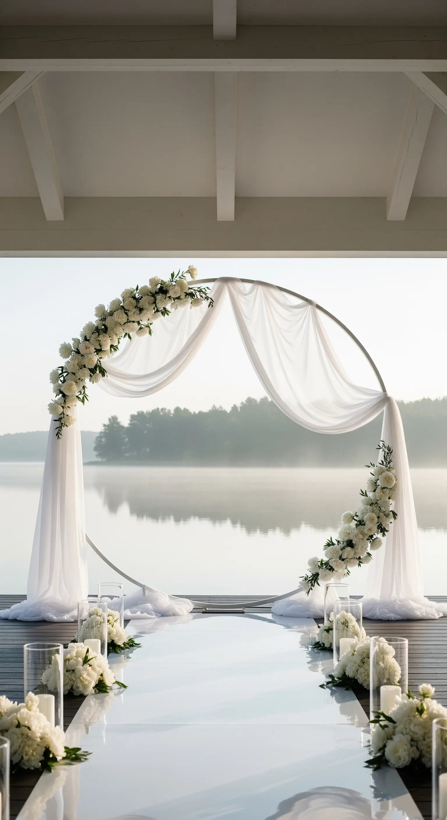 Arco nuziale circolare con fiori bianchi e veli leggeri su un molo in riva al lago.