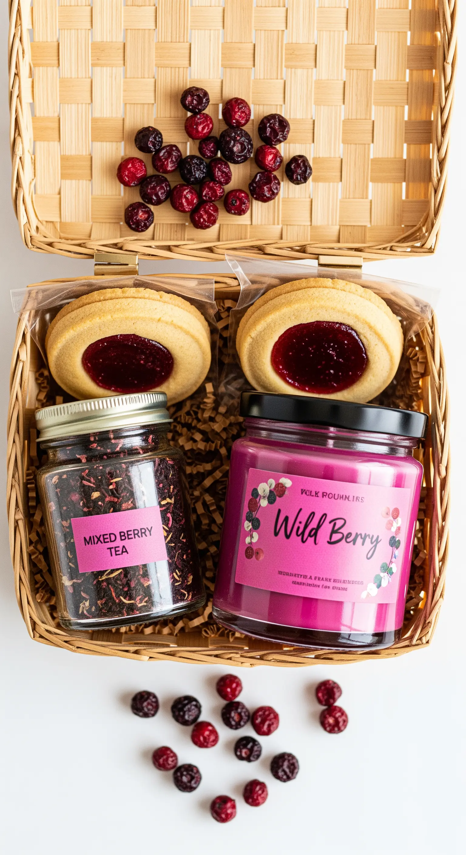Cestino regalo con tè ai frutti di bosco, biscotti alla marmellata e candela.