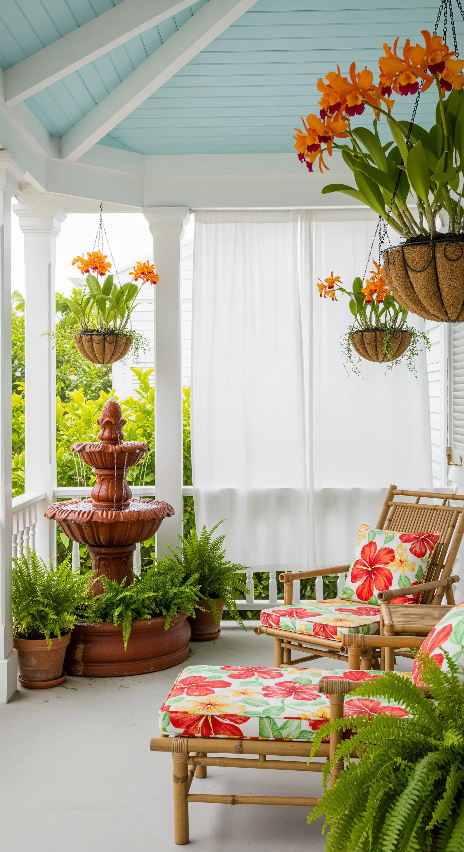 Portico in stile coloniale con soffitto azzurro, fontana in terracotta e sedute in bambù con cuscini floreali.