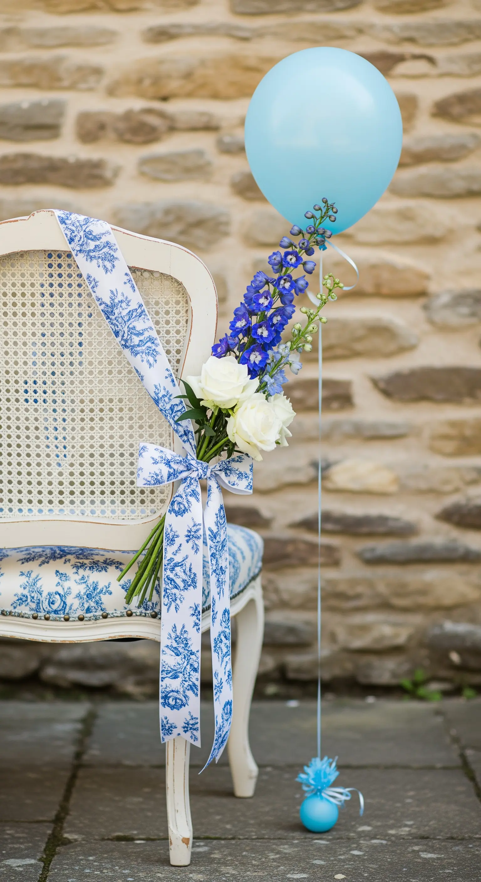 Sedia francese con tessuto Toile de Jouy, nastro coordinato e fiori bianchi e blu.