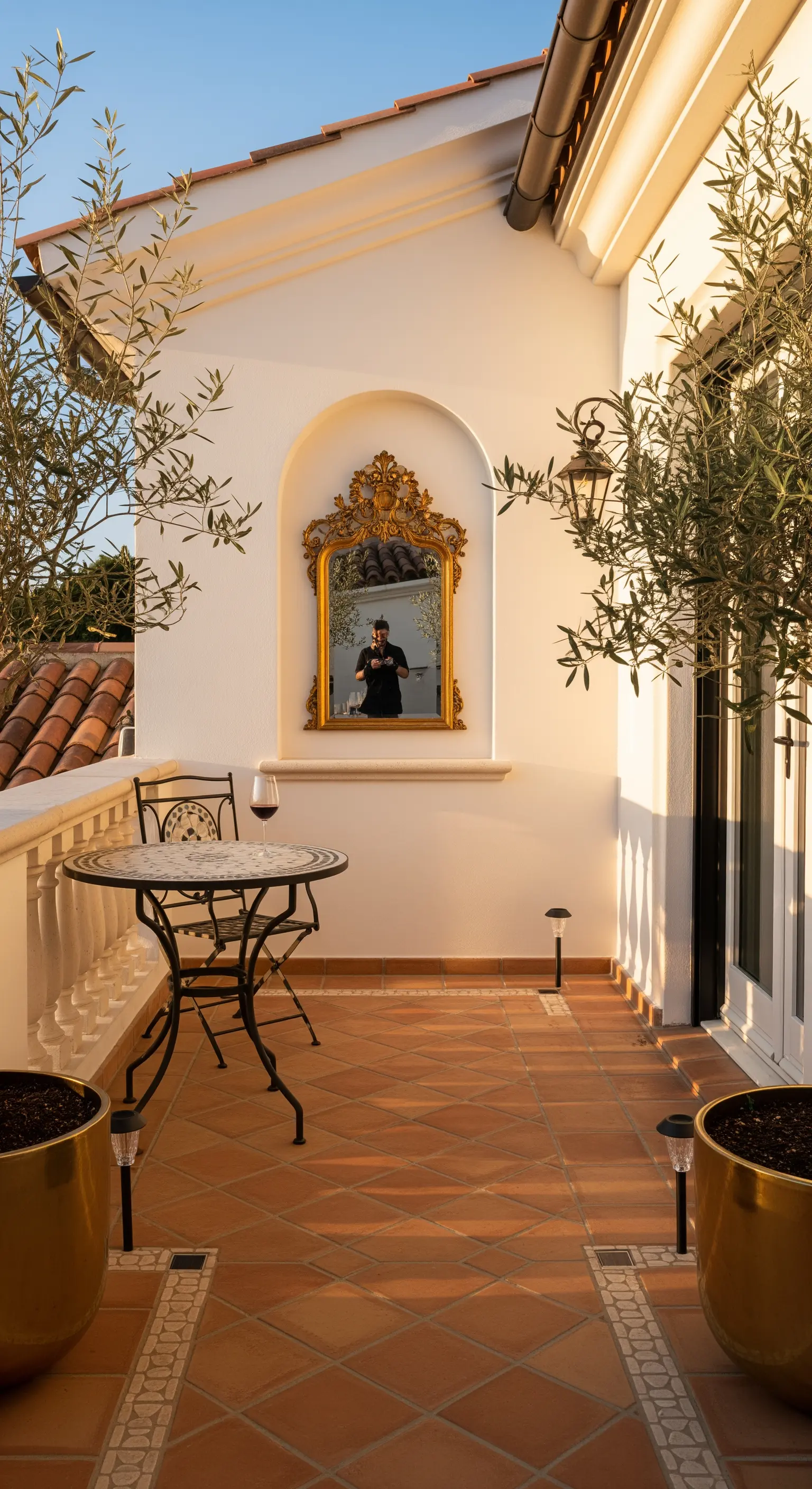 Balcone in stile mediterraneo con specchio dorato in una nicchia, pavimento in cotto e ulivi