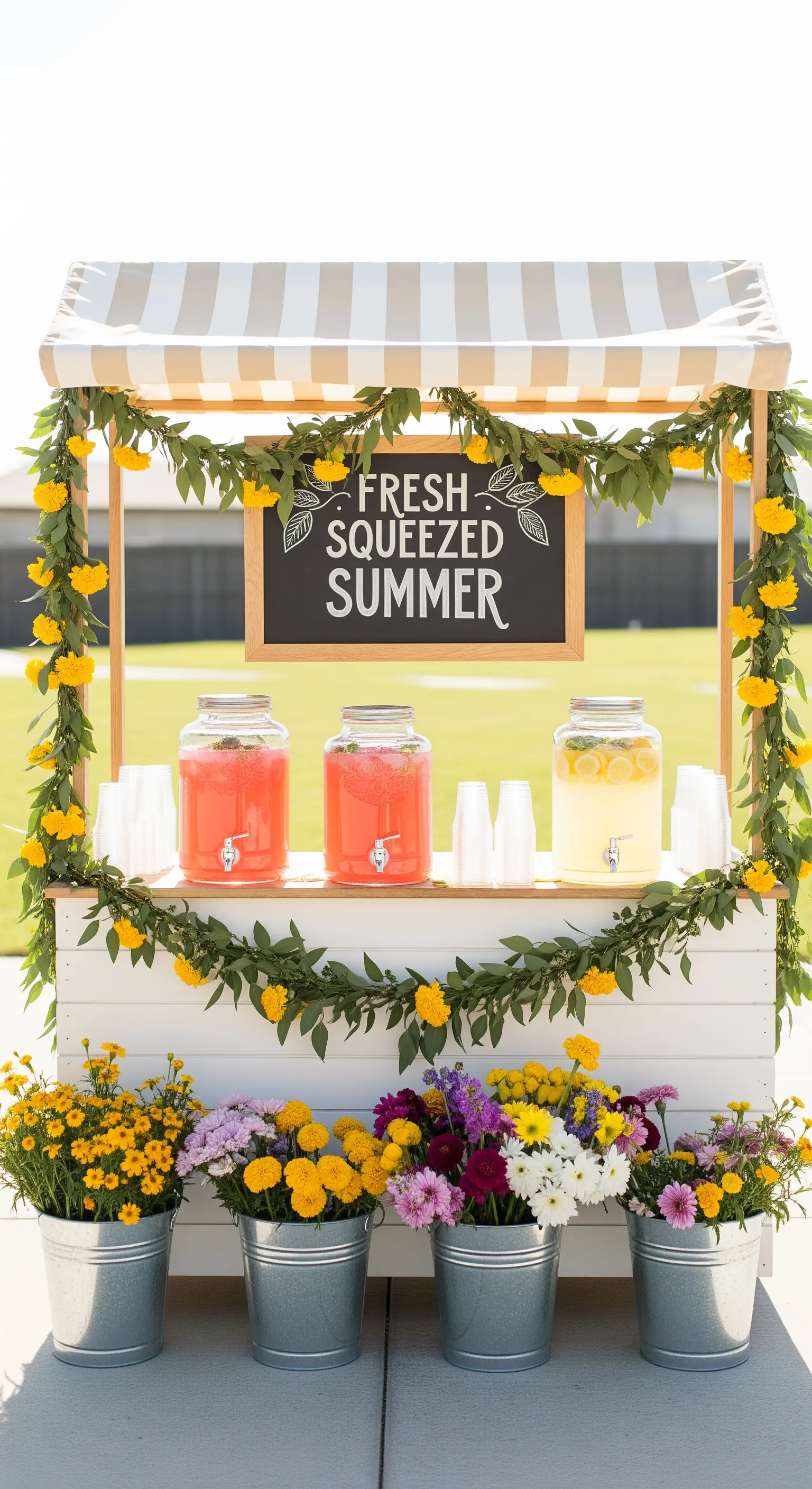 Chiosco di limonate decorato con ghirlande di fiori e dispenser di bevande colorate.