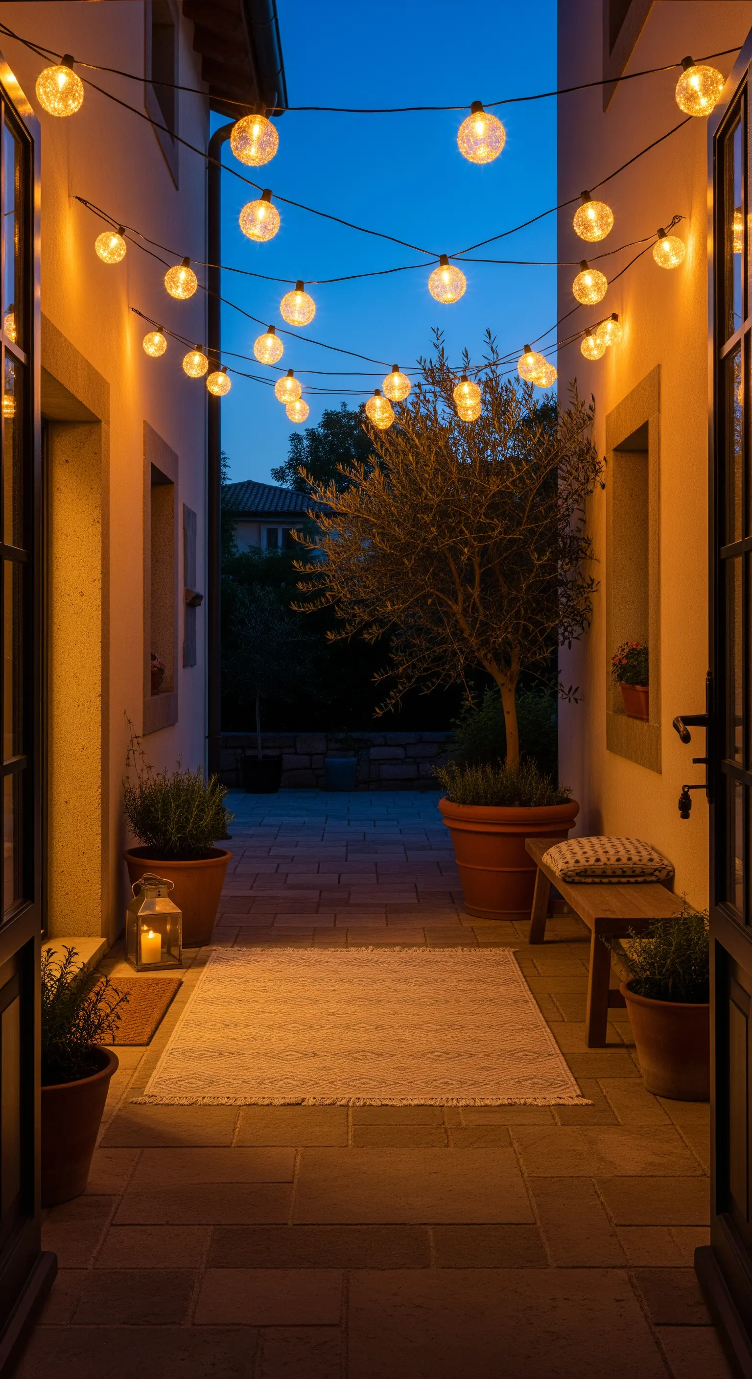 Patio esterno di sera, con luci a globo sospese tra le case e un ulivo in vaso.