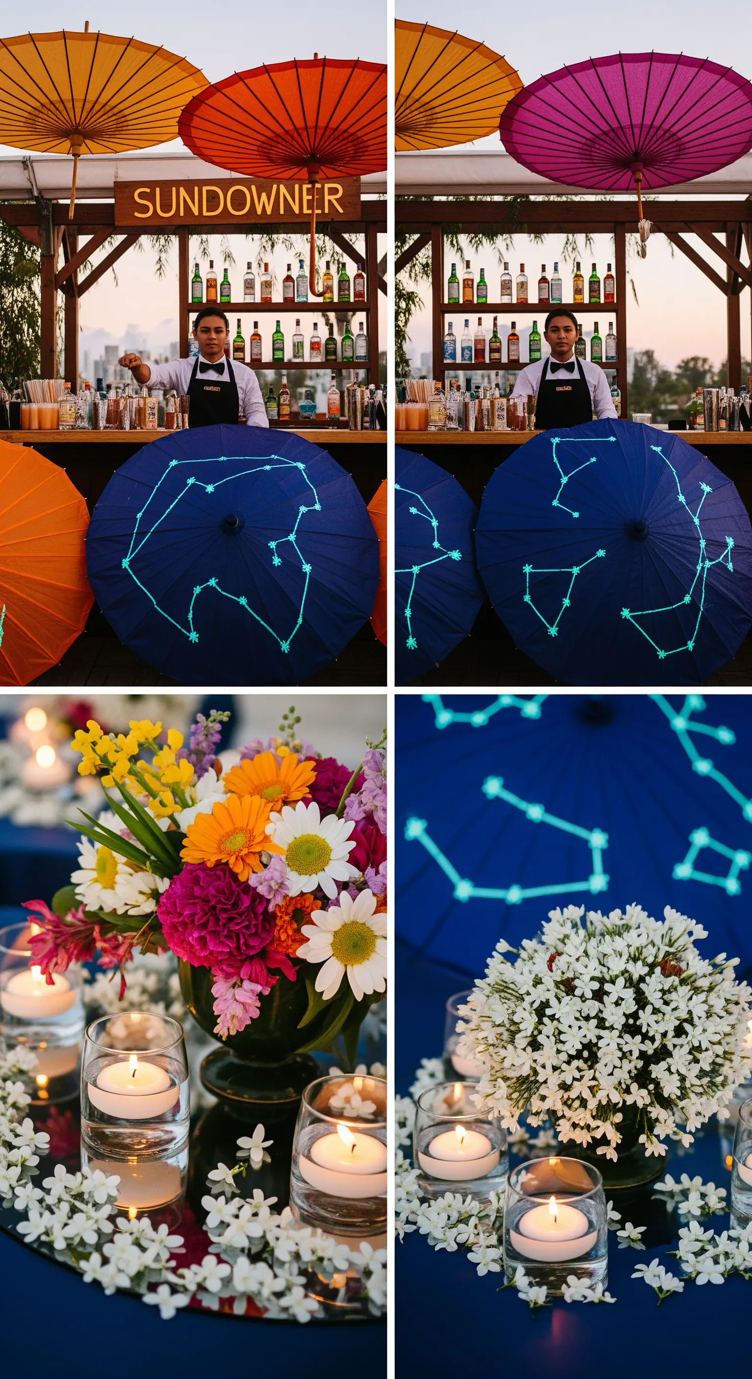 Collage di un cocktail bar con ombrelli dipinti con costellazioni che si illuminano al buio