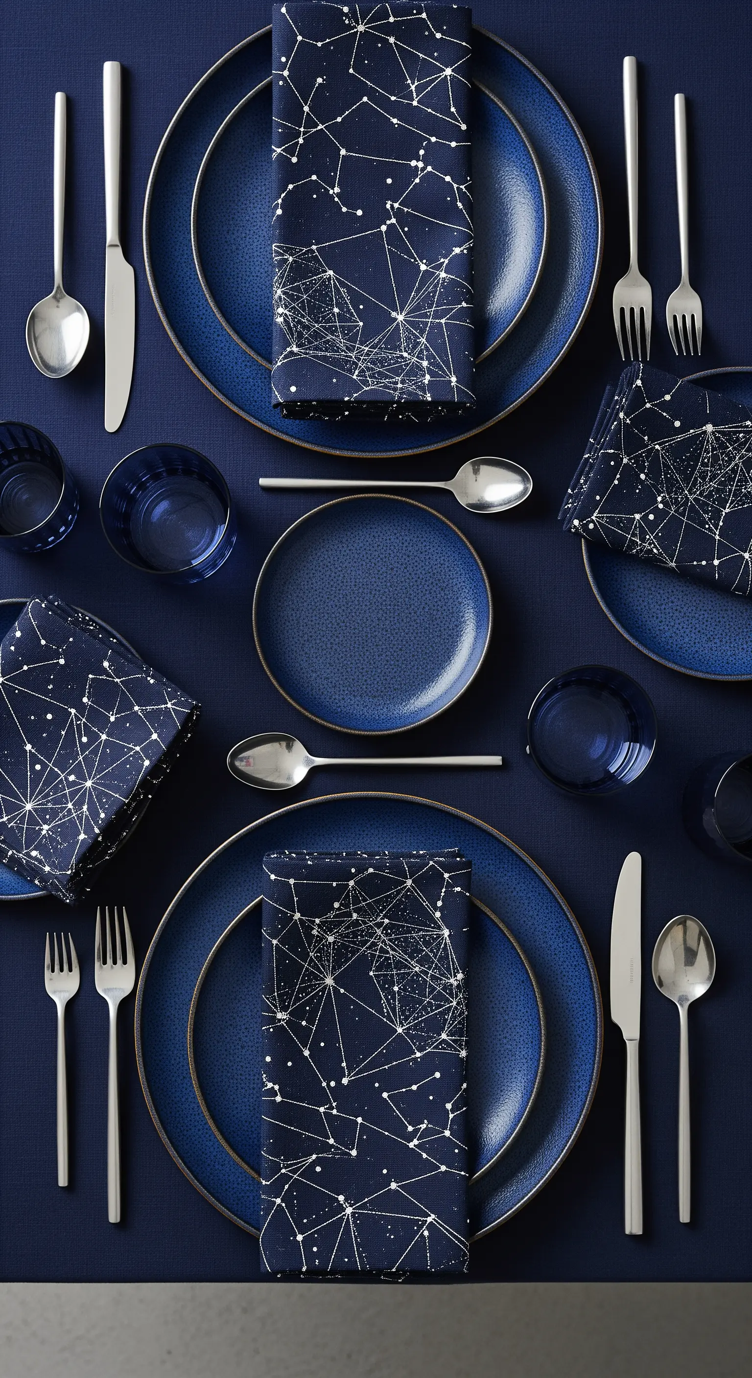 Mise en place blu notte con tovaglioli a tema costellazioni e posate argentate.