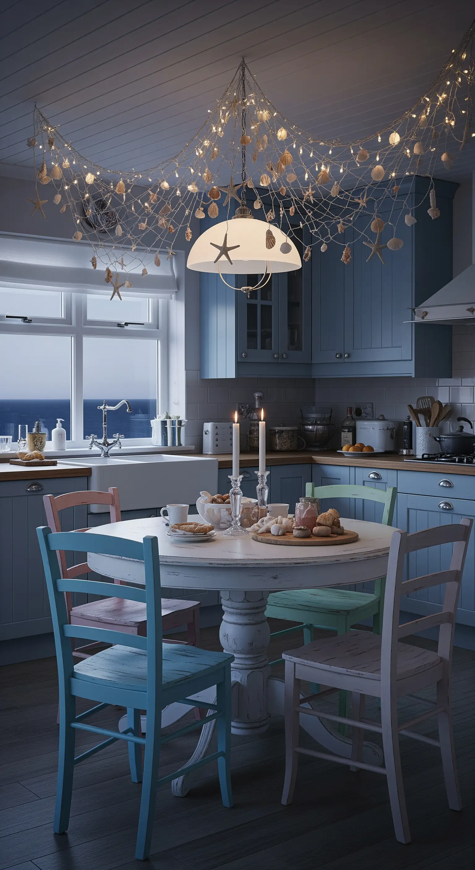 Cucina in stile costiero con una rete da pesca decorata con luci e conchiglie appesa al soffitto.