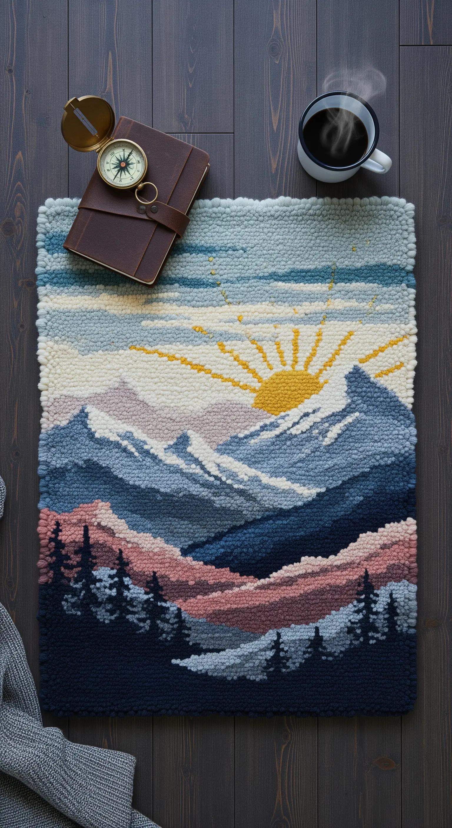 Tappeto rettangolare con un paesaggio di montagne innevate all'alba, realizzato a punch needle.