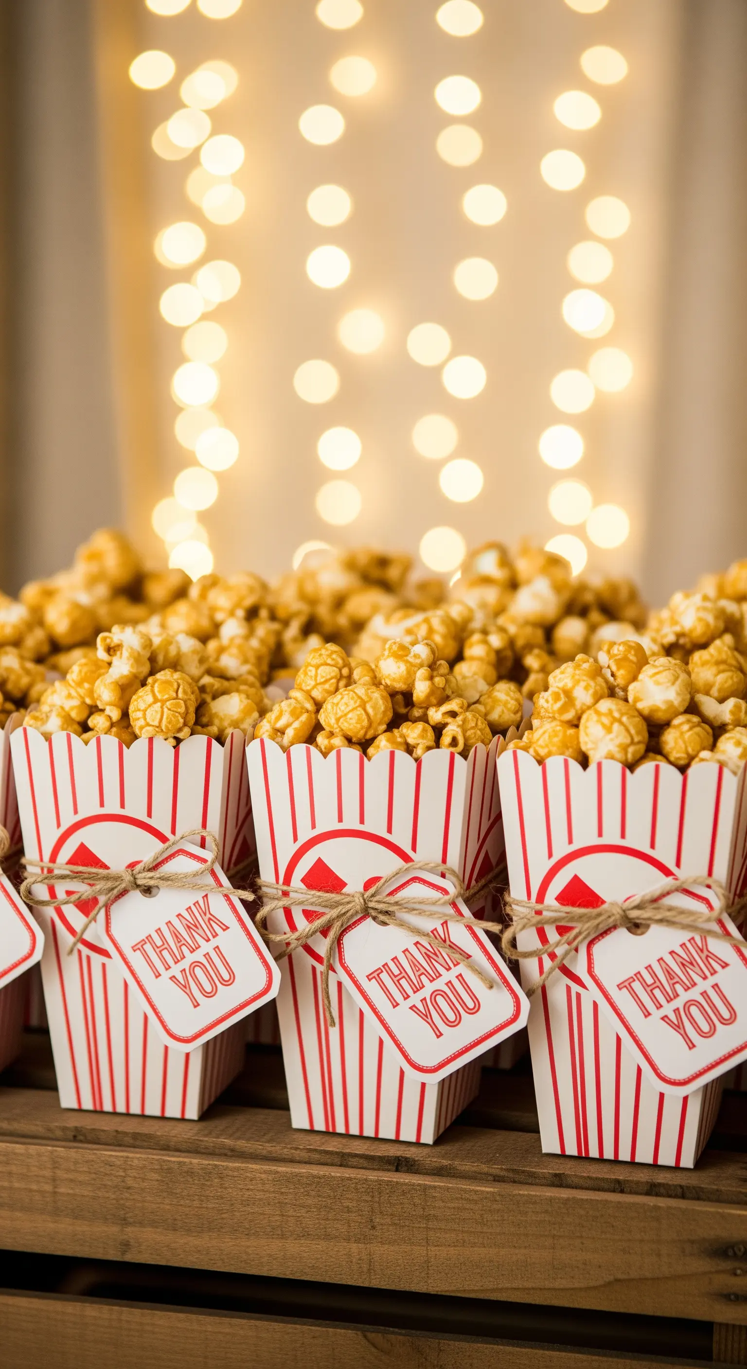 Scatole di popcorn a righe bianche e rosse con etichetta di ringraziamento.