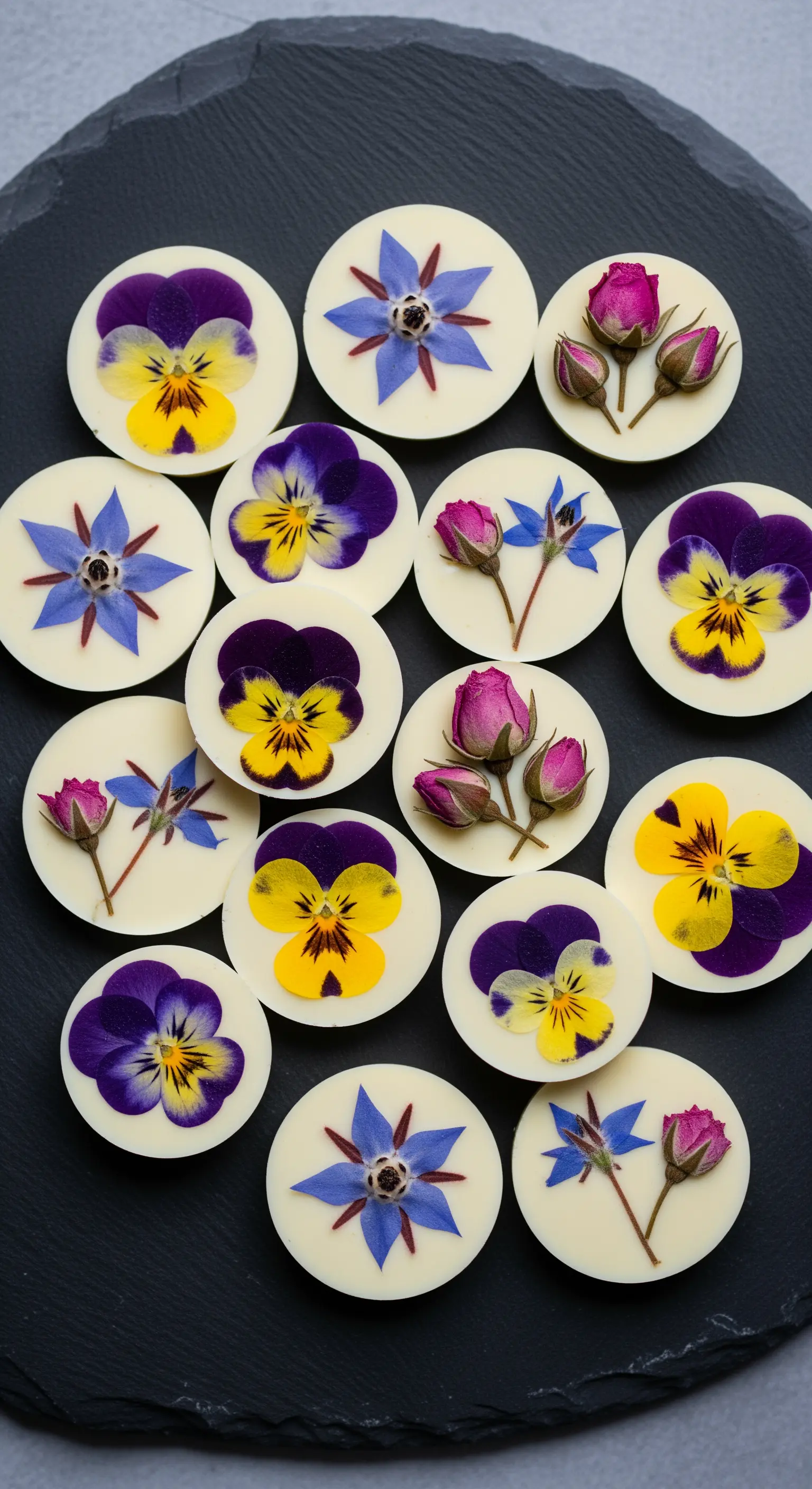 Medaglioni di cioccolato bianco decorati con viole del pensiero e altri fiori colorati.